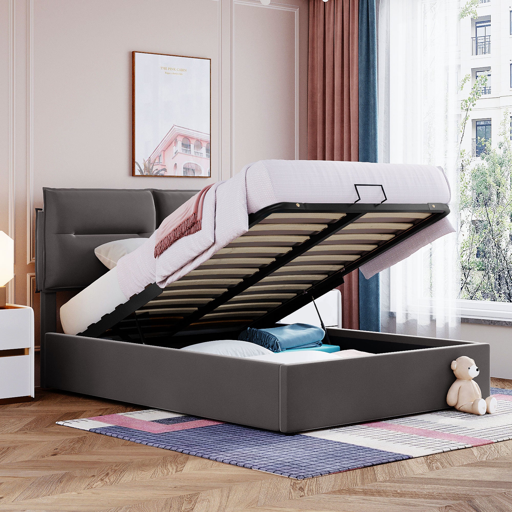 Royard Oaktree Platform Bed Frame with a Hydraulic Storage System Velvet Upholstered Storage Bed with Headboard and Slats, No Box Spring Needed