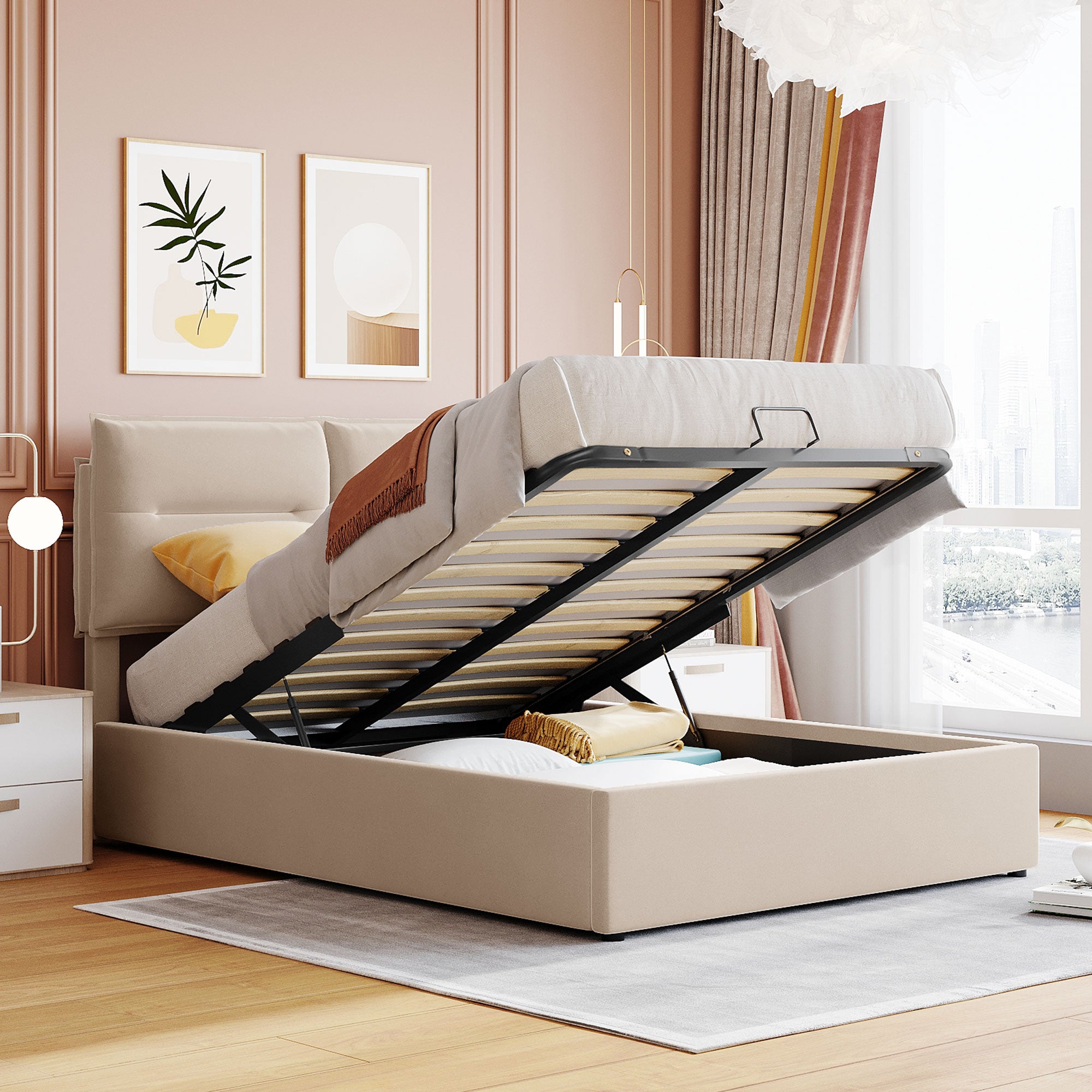 Royard Oaktree Platform Bed Frame with a Hydraulic Storage System Velvet Upholstered Storage Bed with Headboard and Slats, No Box Spring Needed