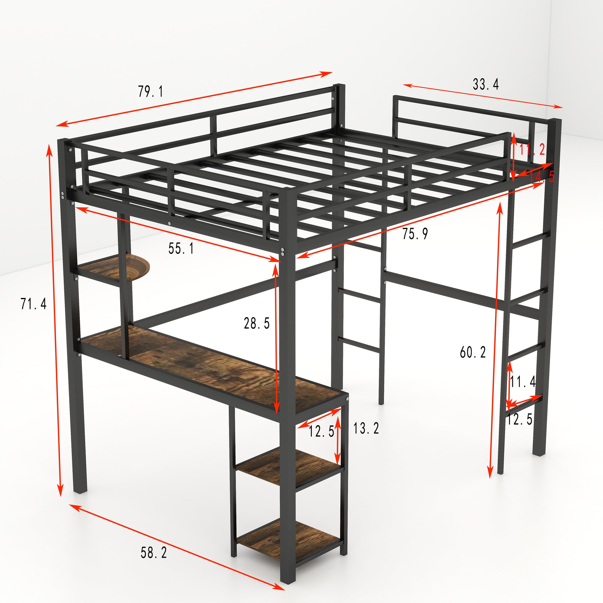 Royard Oaktree Full Metal Loft Bed with Desk and Shelves, Loft Bed with 2 Built-in Ladders and Guardrails, Loft Bed Frame for Bedroom