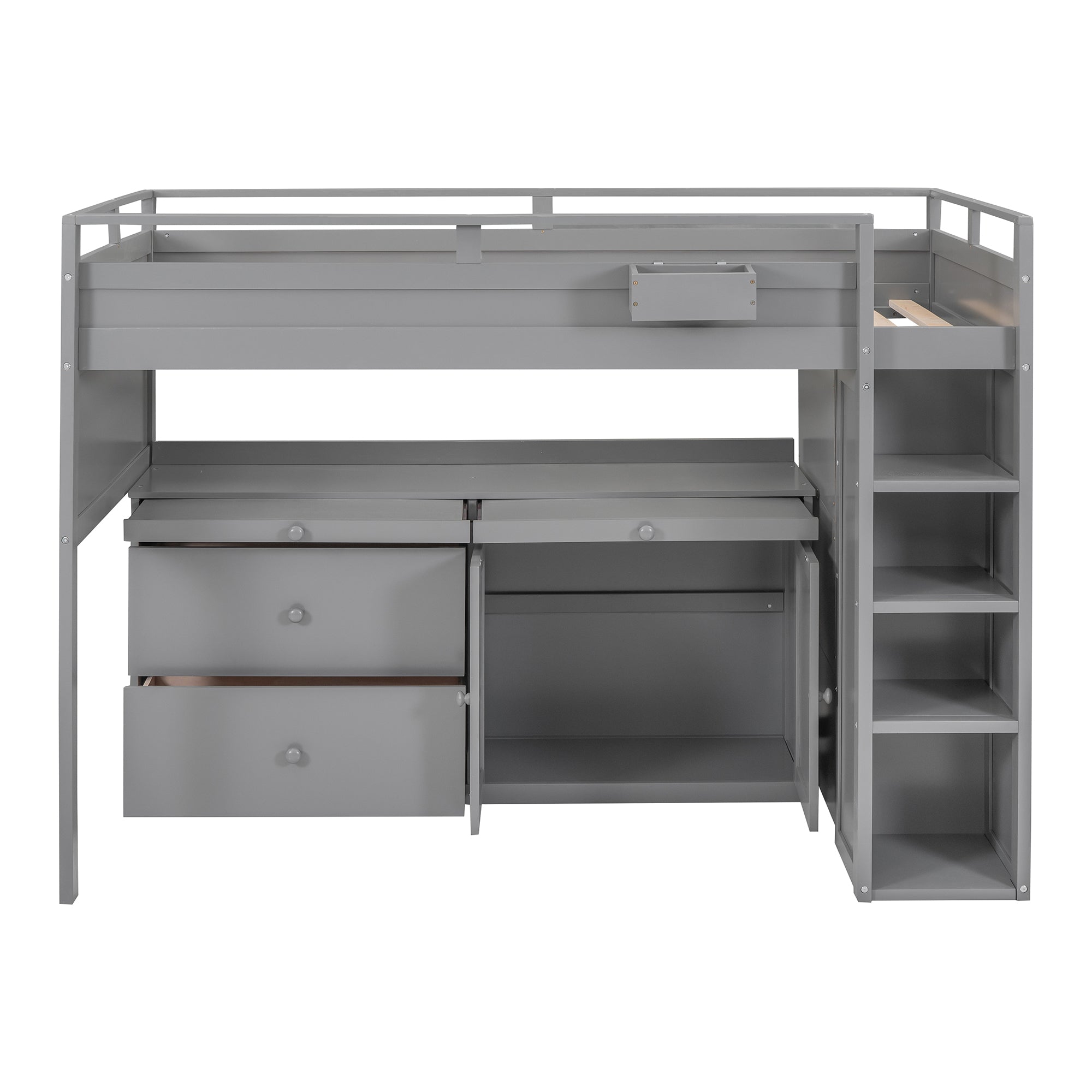 Royard Oaktree Loft Bed with Guardrail and Ladder Wood Loft Bed Set with Freestanding Cabinet and Shelves, Drawers, Pull-out Tray