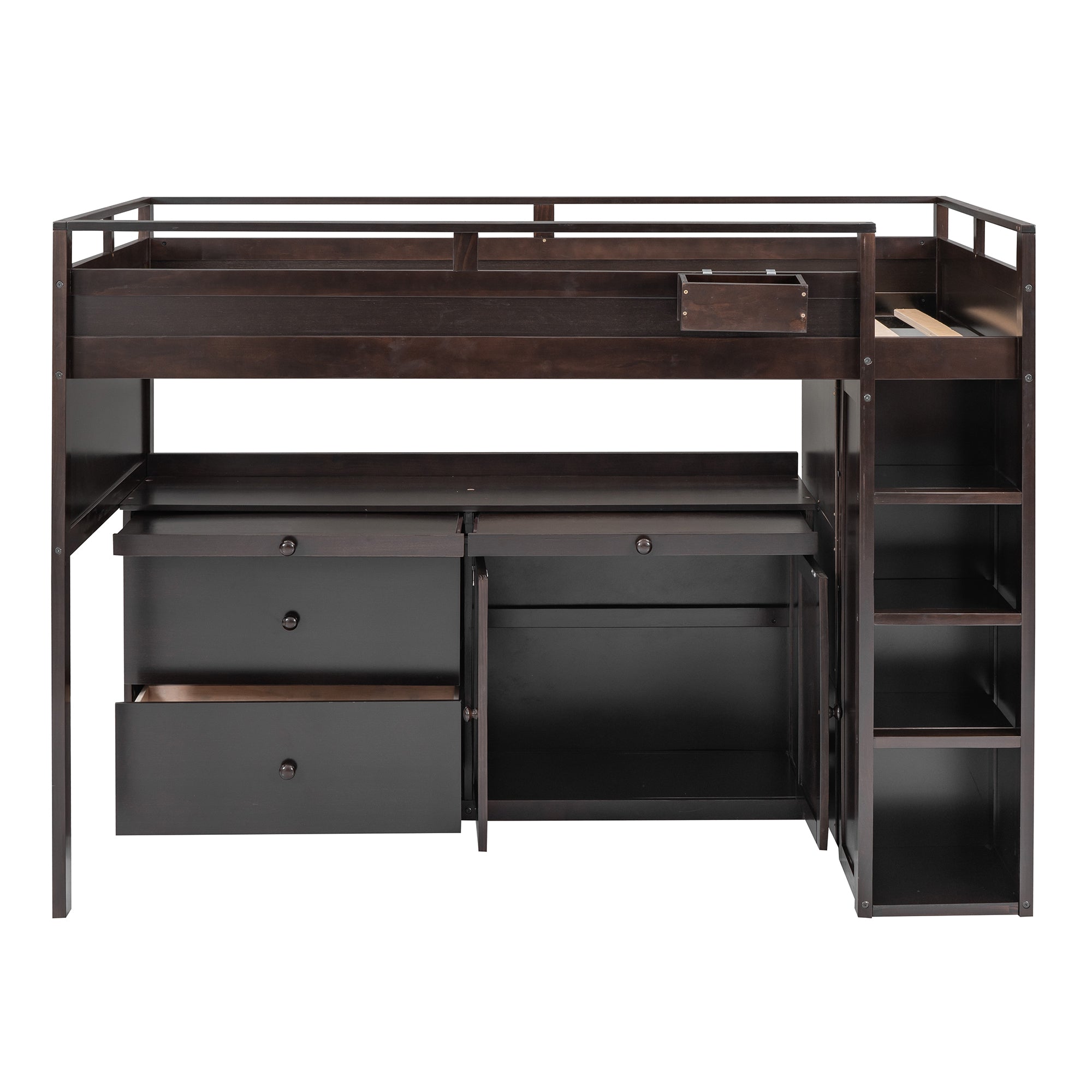 Royard Oaktree Loft Bed with Guardrail and Ladder Wood Loft Bed Set with Freestanding Cabinet and Shelves, Drawers, Pull-out Tray