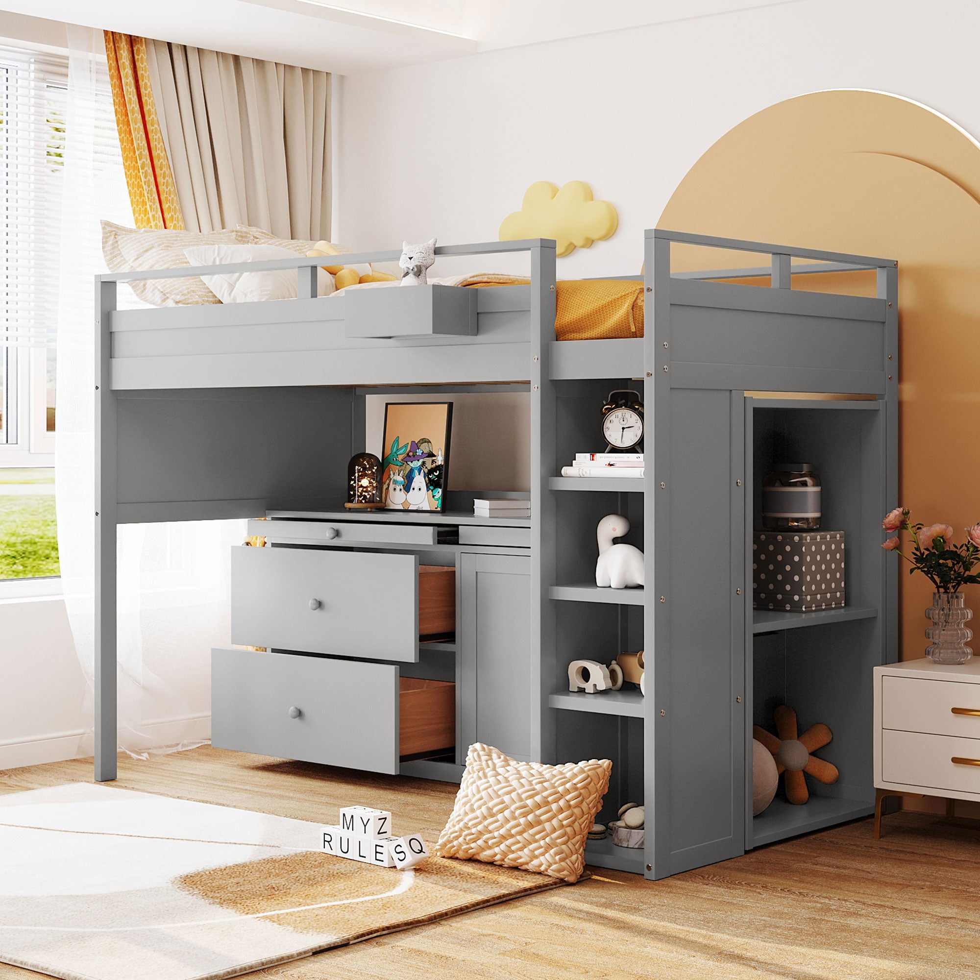 Royard Oaktree Loft Bed with Guardrail and Ladder Wood Loft Bed Set with Freestanding Cabinet and Shelves, Drawers, Pull-out Tray