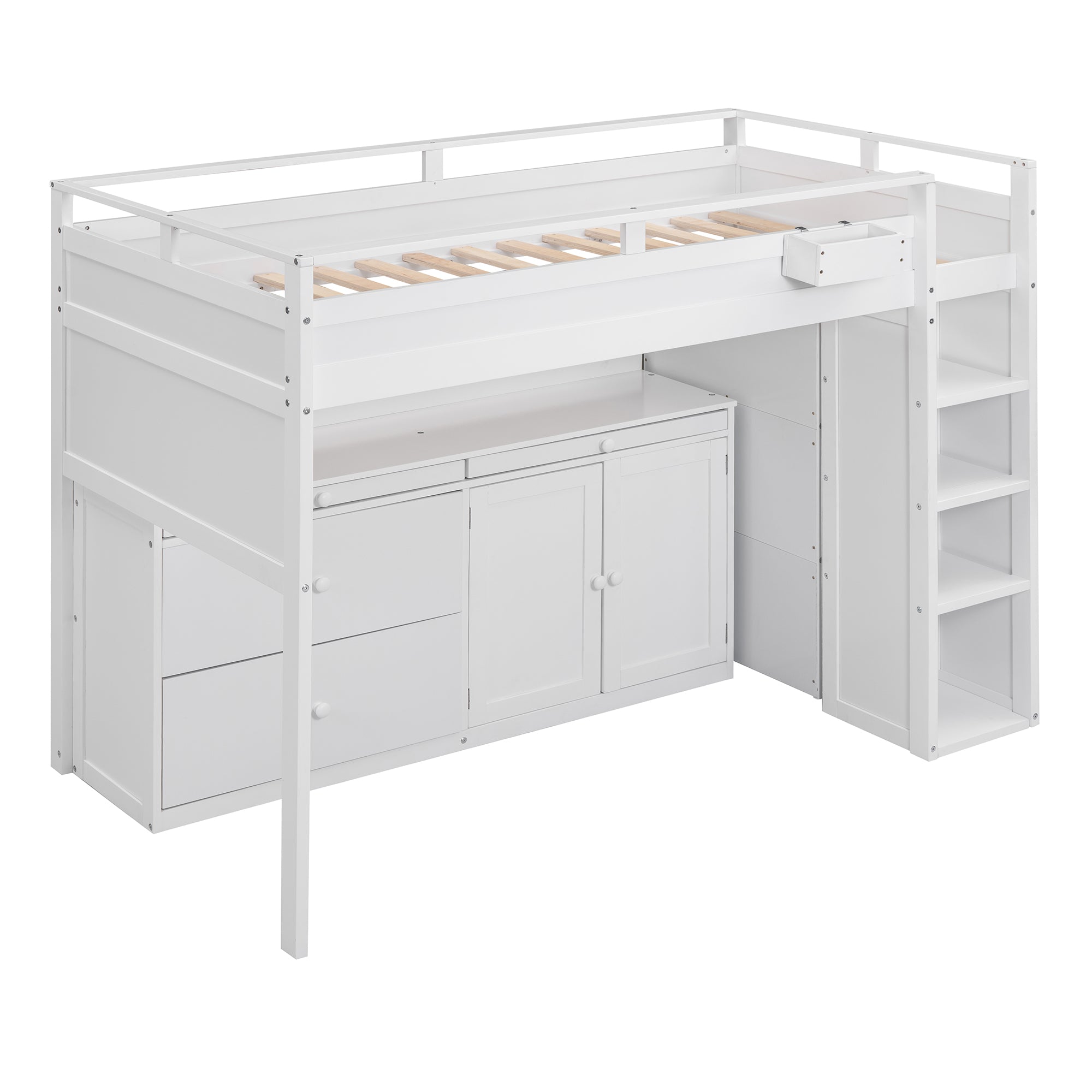 Royard Oaktree Loft Bed with Guardrail and Ladder Wood Loft Bed Set with Freestanding Cabinet and Shelves, Drawers, Pull-out Tray