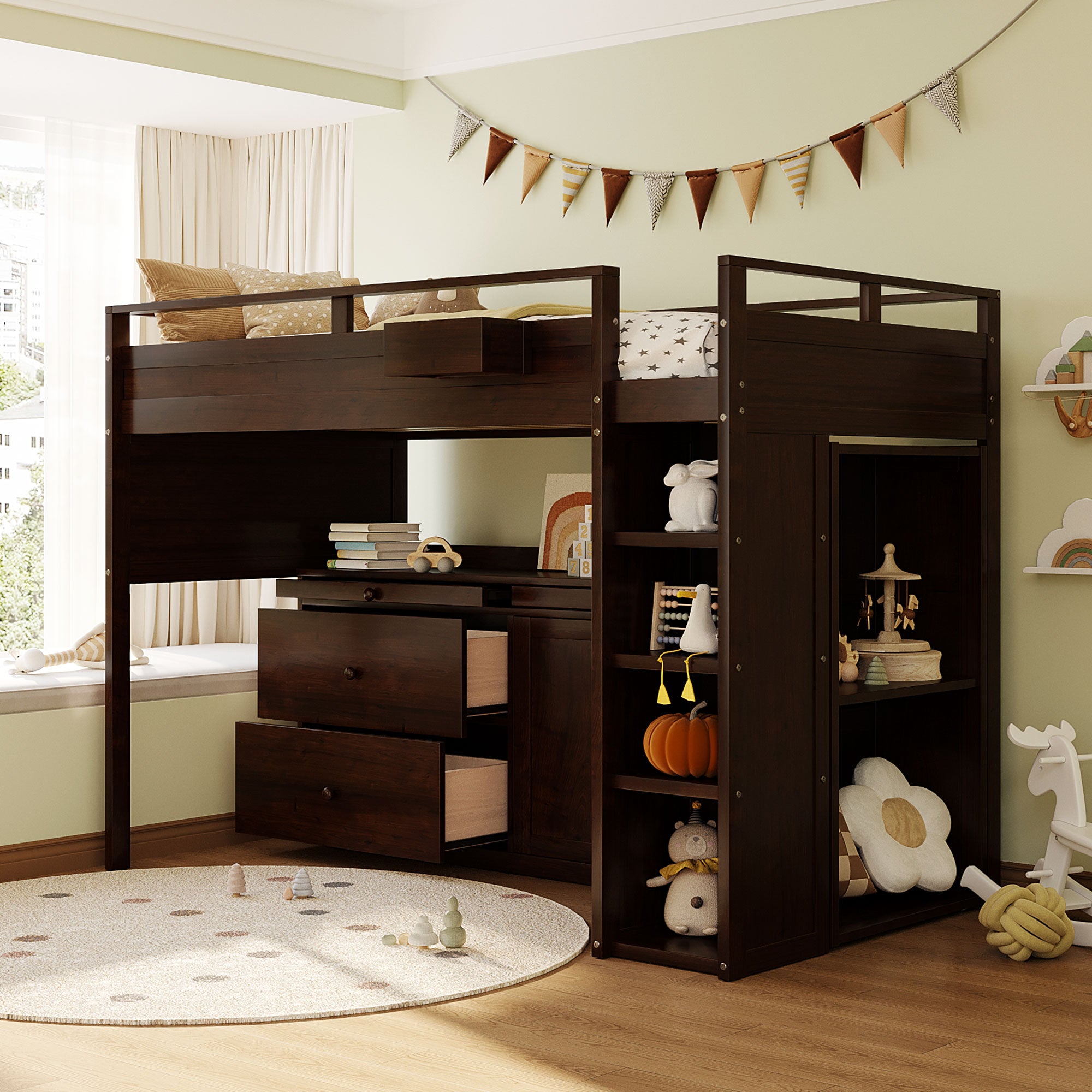 Royard Oaktree Loft Bed with Guardrail and Ladder Wood Loft Bed Set with Freestanding Cabinet and Shelves, Drawers, Pull-out Tray