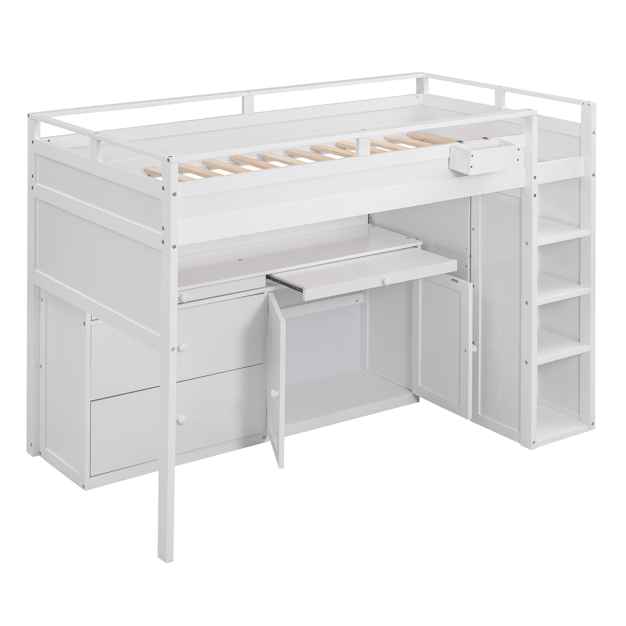 Royard Oaktree Loft Bed with Guardrail and Ladder Wood Loft Bed Set with Freestanding Cabinet and Shelves, Drawers, Pull-out Tray