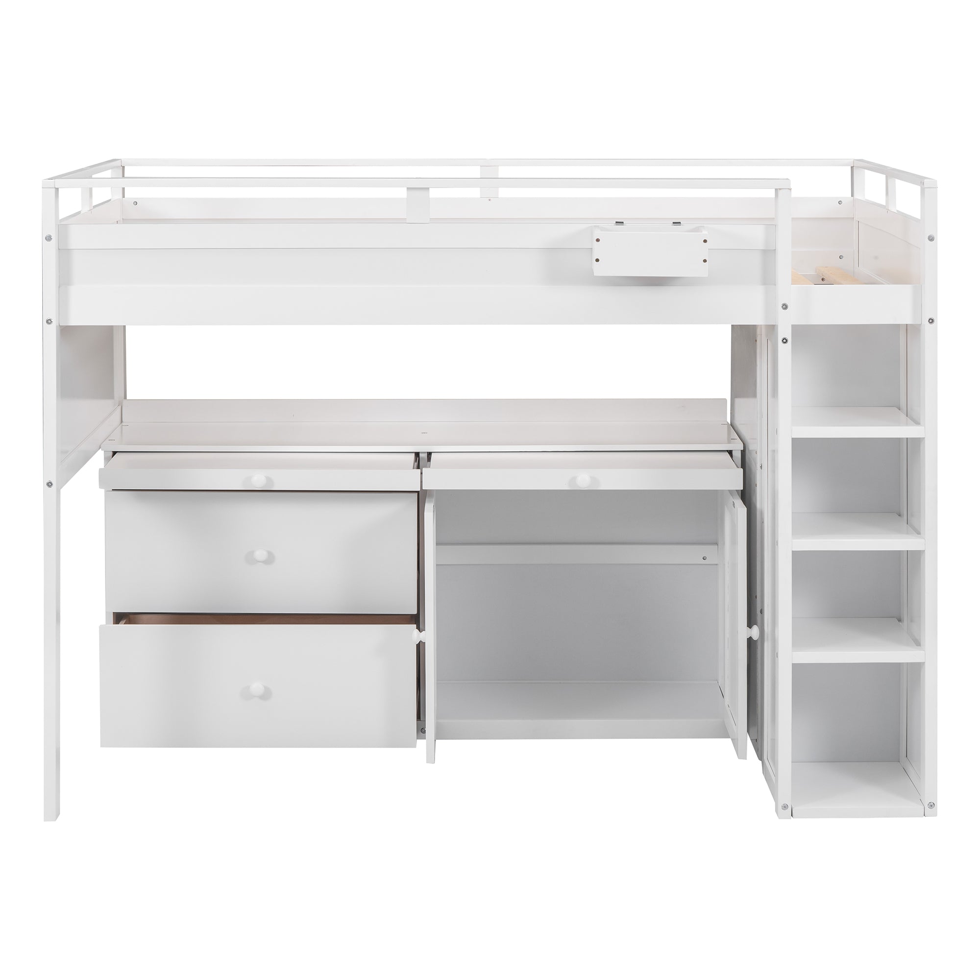 Royard Oaktree Loft Bed with Guardrail and Ladder Wood Loft Bed Set with Freestanding Cabinet and Shelves, Drawers, Pull-out Tray