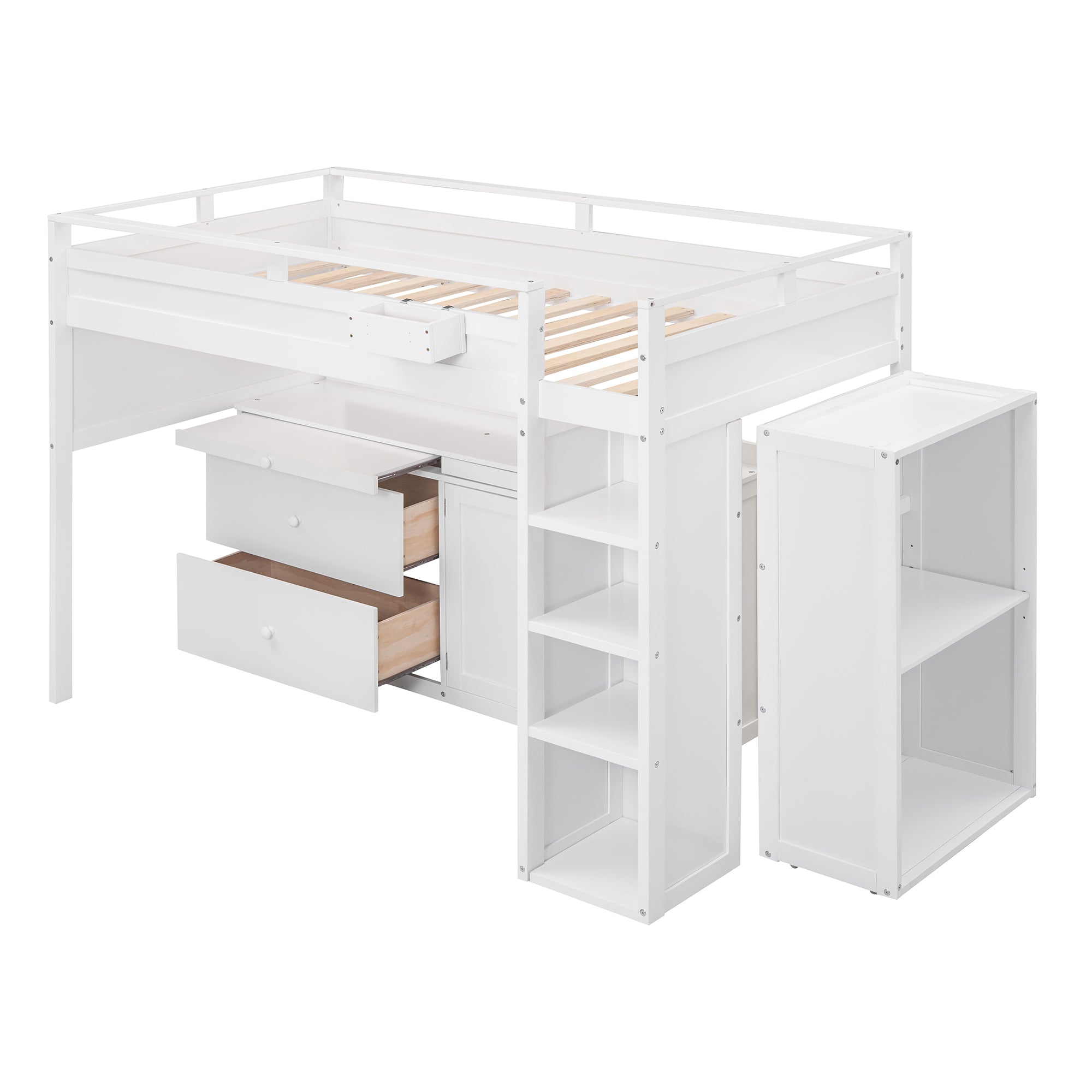 Royard Oaktree Loft Bed with Guardrail and Ladder Wood Loft Bed Set with Freestanding Cabinet and Shelves, Drawers, Pull-out Tray