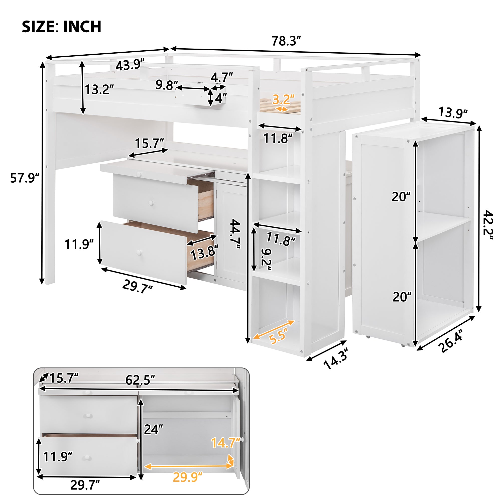 Royard Oaktree Loft Bed with Guardrail and Ladder Wood Loft Bed Set with Freestanding Cabinet and Shelves, Drawers, Pull-out Tray