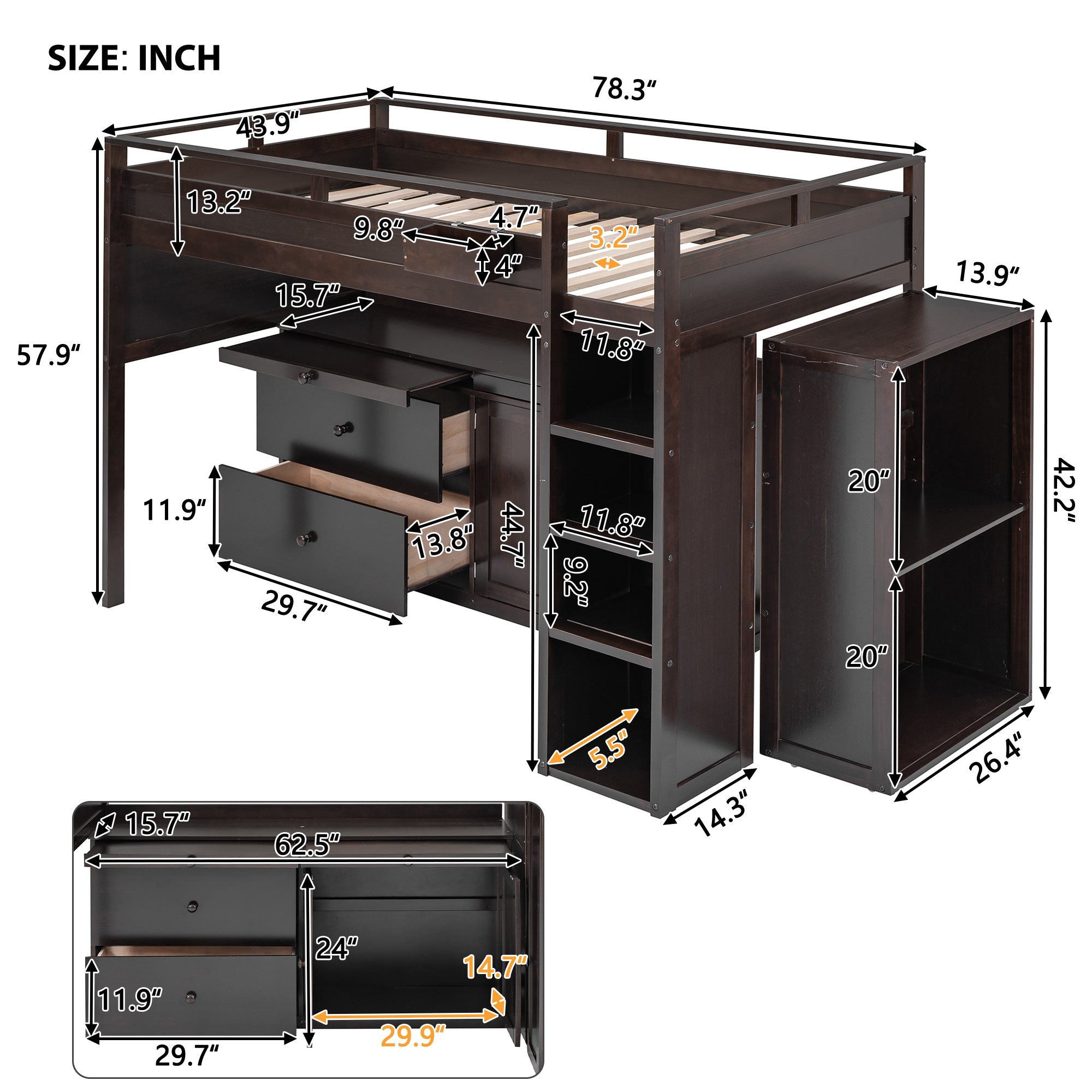 Royard Oaktree Loft Bed with Guardrail and Ladder Wood Loft Bed Set with Freestanding Cabinet and Shelves, Drawers, Pull-out Tray