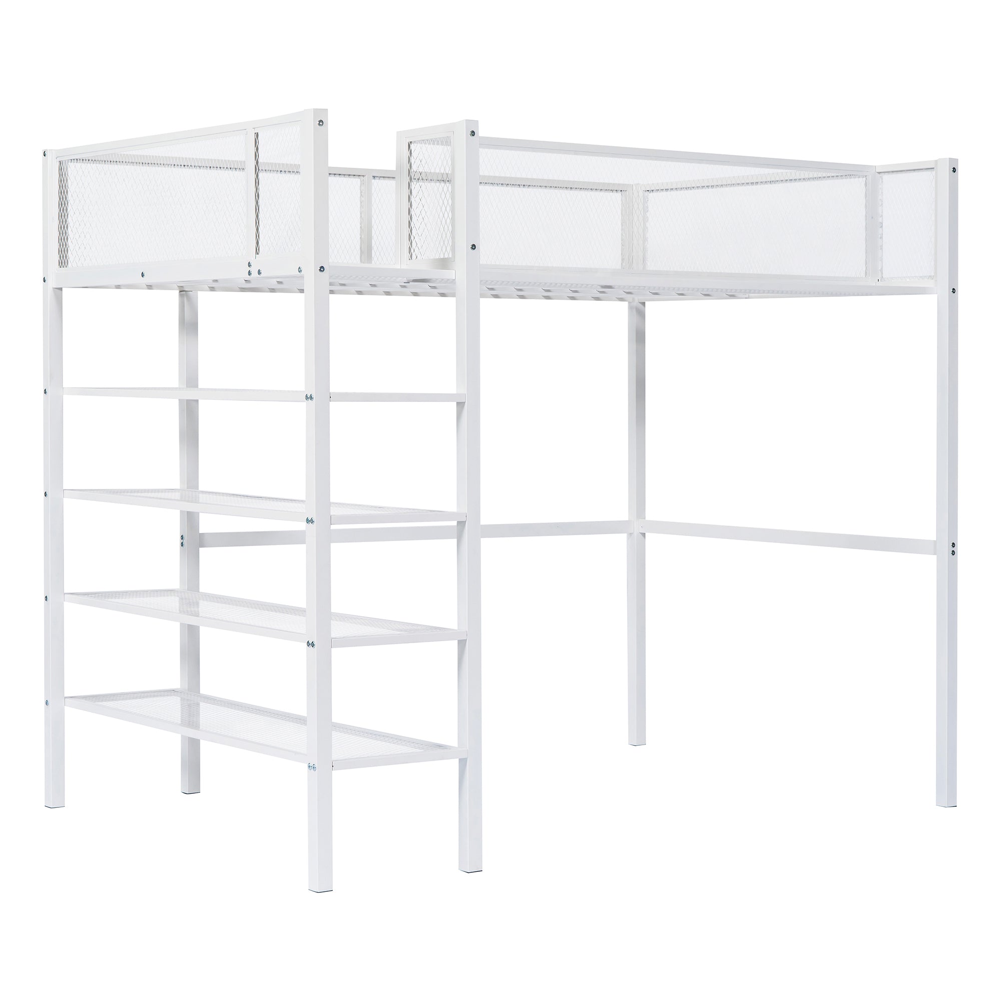 Royard Oaktree Twin Size Metal Loft Bed with 4-Tier Storage Shelves Sturdy Modern Metal Loft Bed Frame with Guardrail and Ladder, No Box Spring