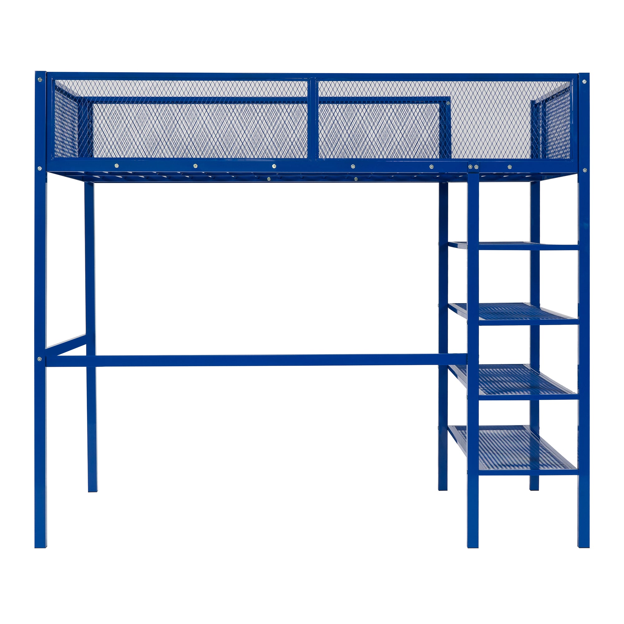 Royard Oaktree Twin Size Metal Loft Bed with 4-Tier Storage Shelves Sturdy Modern Metal Loft Bed Frame with Guardrail and Ladder, No Box Spring