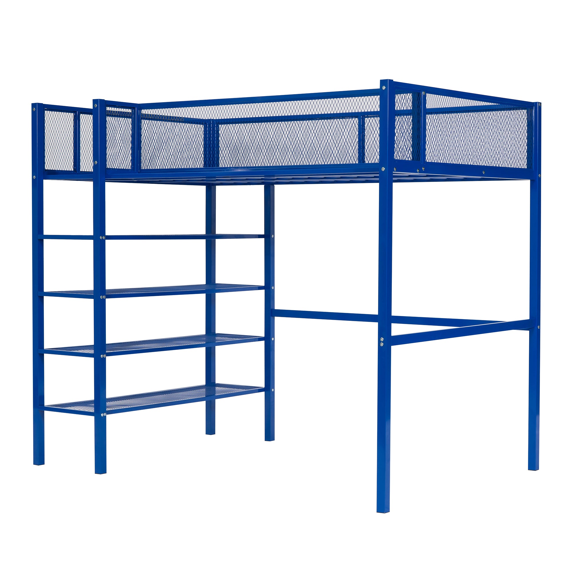 Royard Oaktree Twin Size Metal Loft Bed with 4-Tier Storage Shelves Sturdy Modern Metal Loft Bed Frame with Guardrail and Ladder, No Box Spring