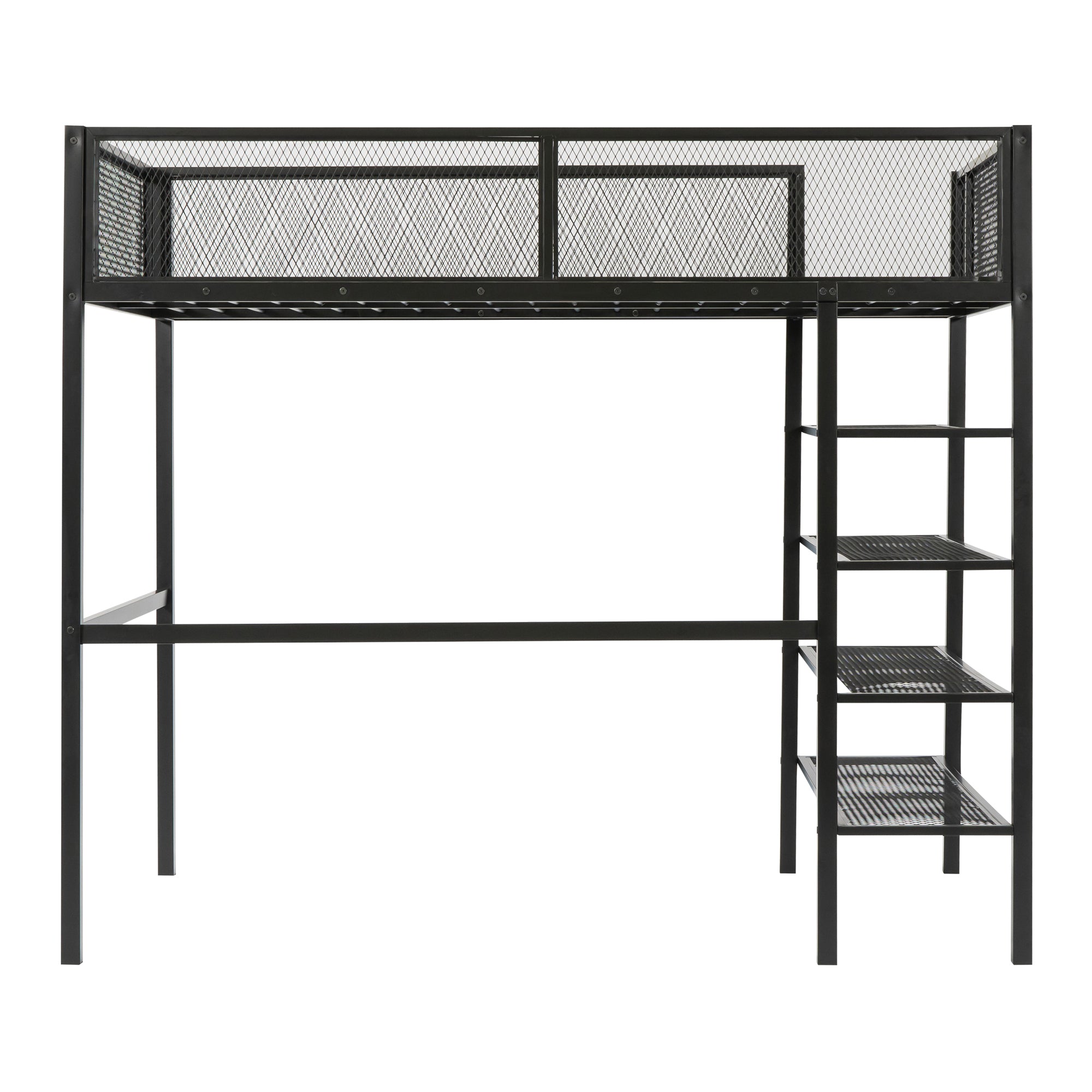 Royard Oaktree Twin Size Metal Loft Bed with 4-Tier Storage Shelves Sturdy Modern Metal Loft Bed Frame with Guardrail and Ladder, No Box Spring