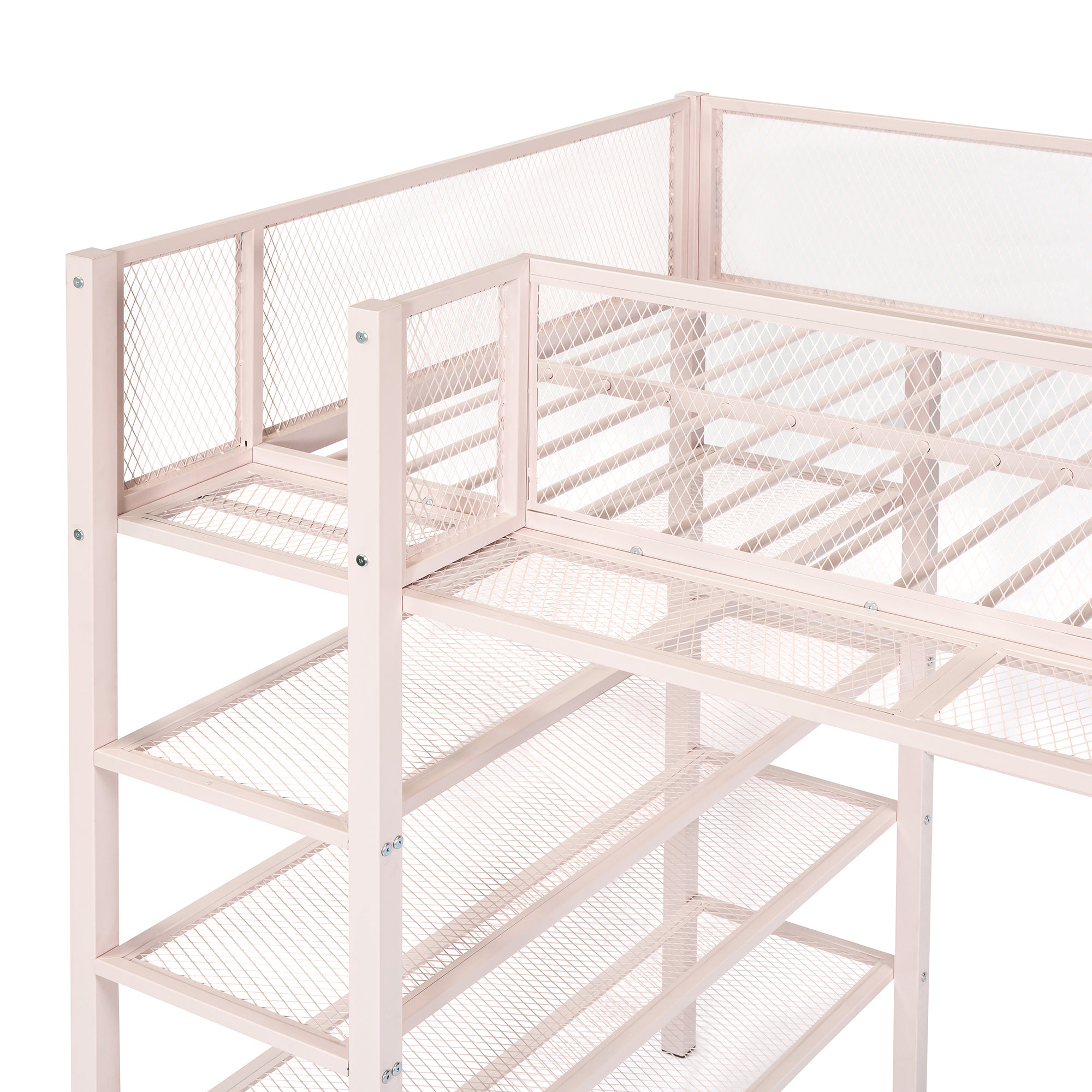 Royard Oaktree Twin Size Metal Loft Bed with 4-Tier Storage Shelves Sturdy Modern Metal Loft Bed Frame with Guardrail and Ladder, No Box Spring