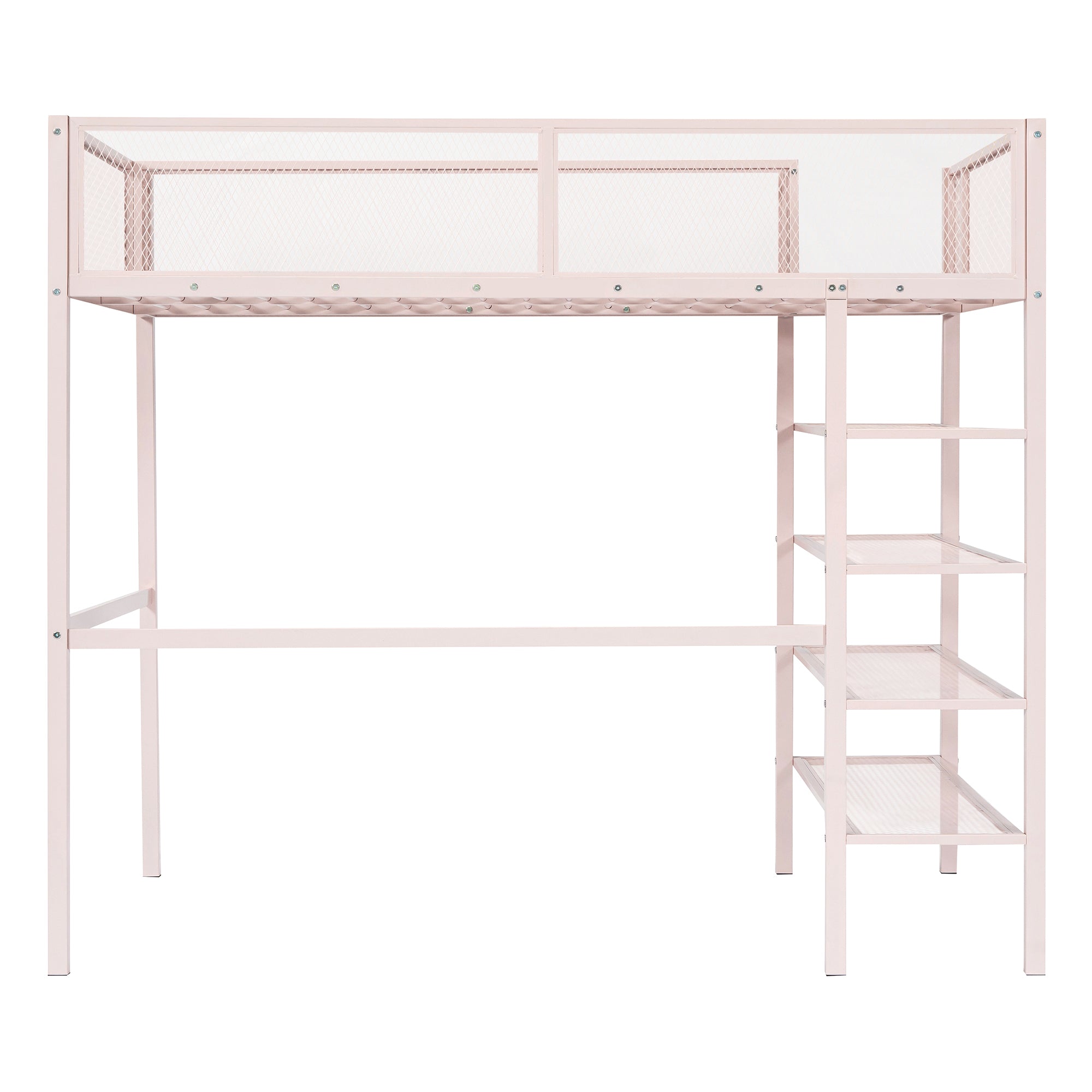 Royard Oaktree Twin Size Metal Loft Bed with 4-Tier Storage Shelves Sturdy Modern Metal Loft Bed Frame with Guardrail and Ladder, No Box Spring