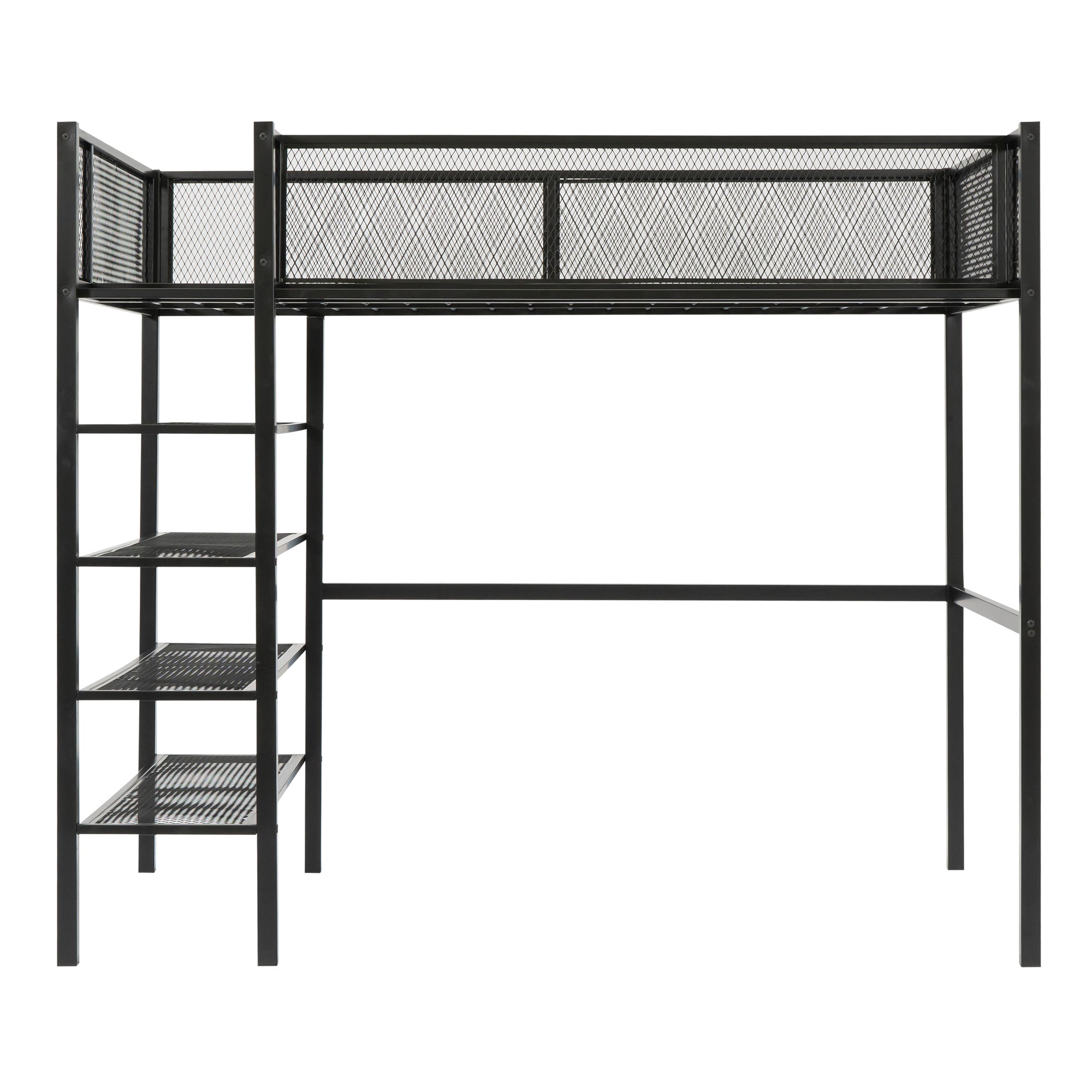 Royard Oaktree Twin Size Metal Loft Bed with 4-Tier Storage Shelves Sturdy Modern Metal Loft Bed Frame with Guardrail and Ladder, No Box Spring