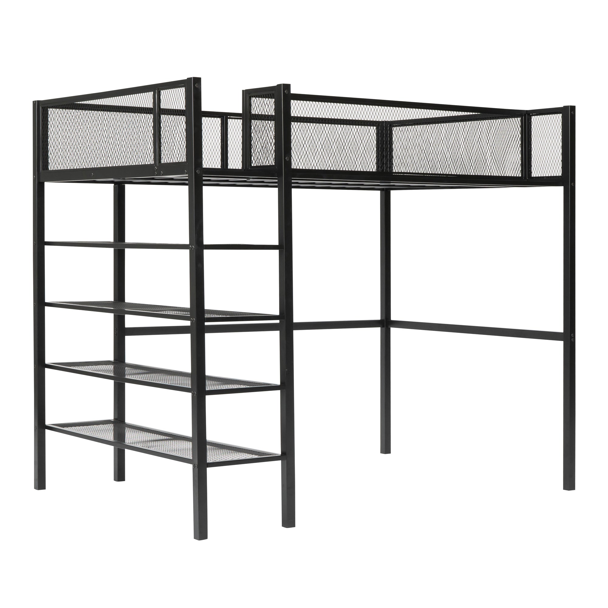 Royard Oaktree Twin Size Metal Loft Bed with 4-Tier Storage Shelves Sturdy Modern Metal Loft Bed Frame with Guardrail and Ladder, No Box Spring