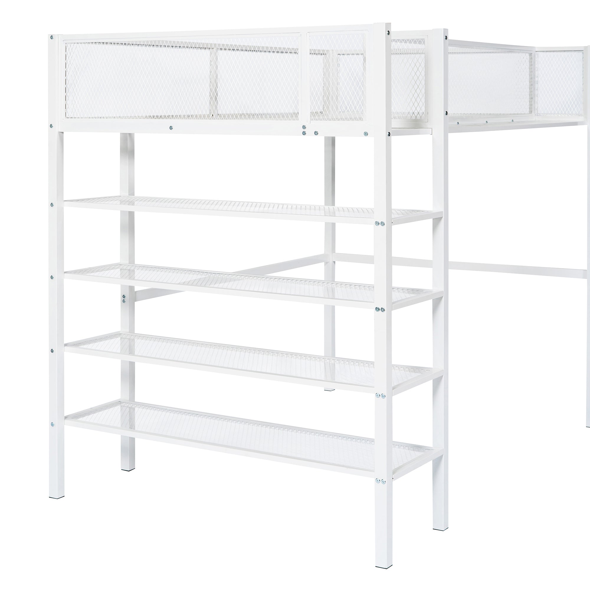 Royard Oaktree Twin Size Metal Loft Bed with 4-Tier Storage Shelves Sturdy Modern Metal Loft Bed Frame with Guardrail and Ladder, No Box Spring