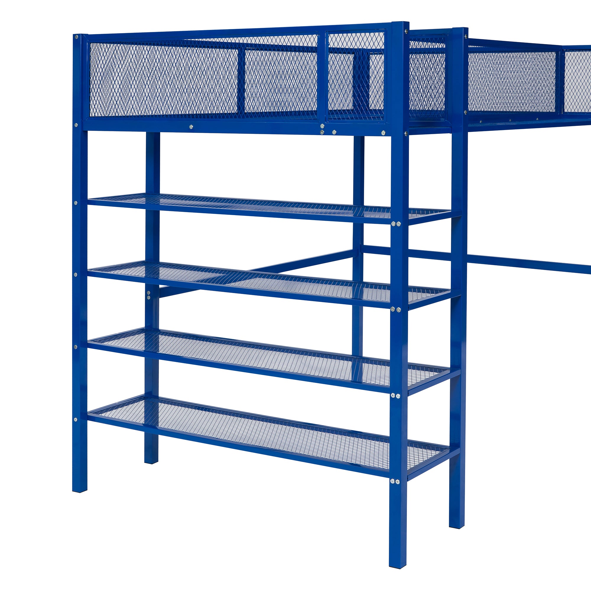 Royard Oaktree Twin Size Metal Loft Bed with 4-Tier Storage Shelves Sturdy Modern Metal Loft Bed Frame with Guardrail and Ladder, No Box Spring