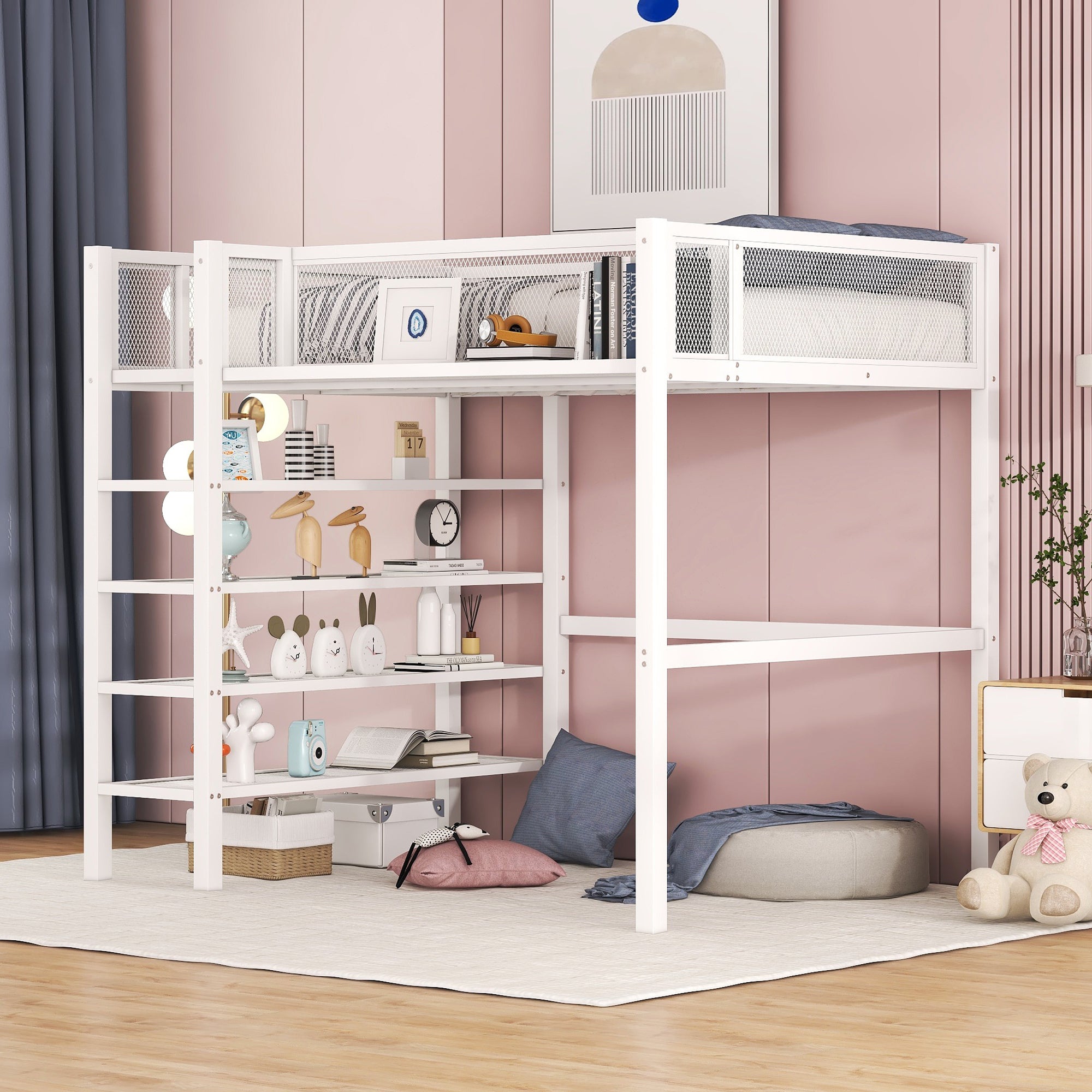 Royard Oaktree Twin Size Metal Loft Bed with 4-Tier Storage Shelves Sturdy Modern Metal Loft Bed Frame with Guardrail and Ladder, No Box Spring