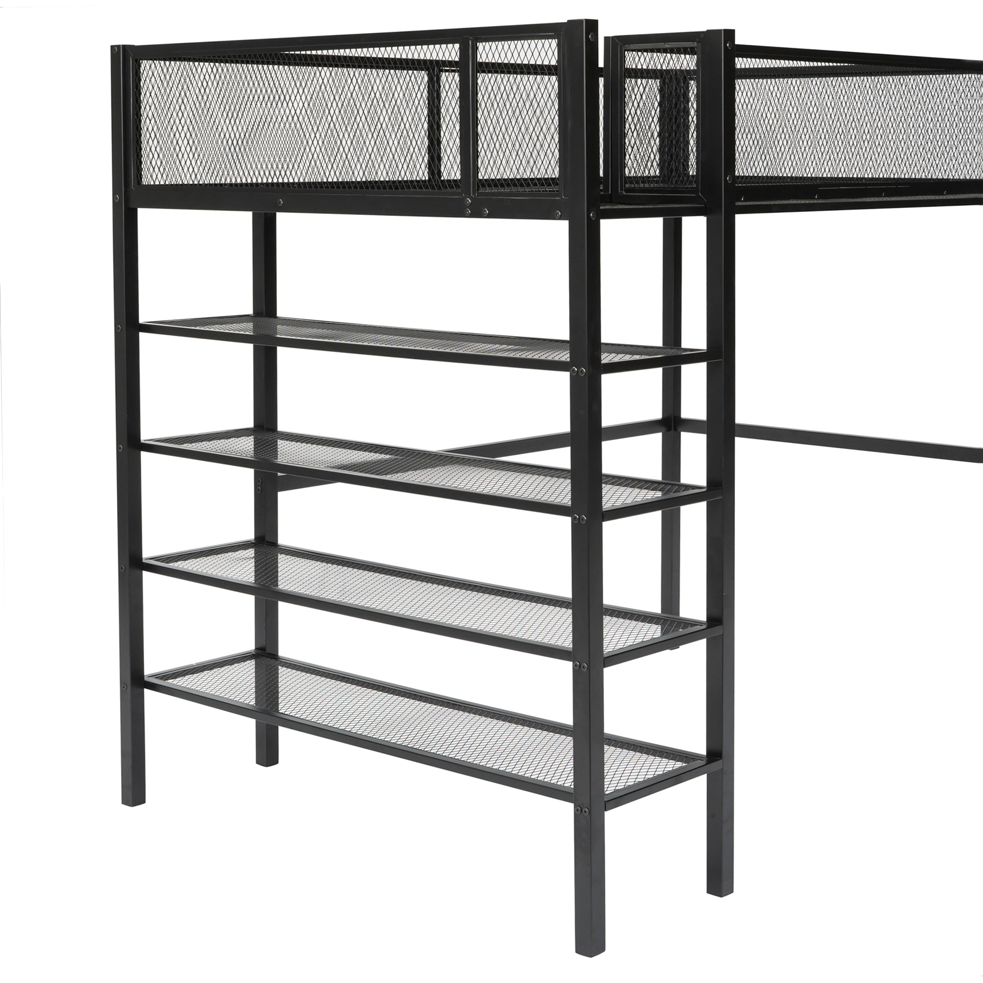 Royard Oaktree Twin Size Metal Loft Bed with 4-Tier Storage Shelves Sturdy Modern Metal Loft Bed Frame with Guardrail and Ladder, No Box Spring