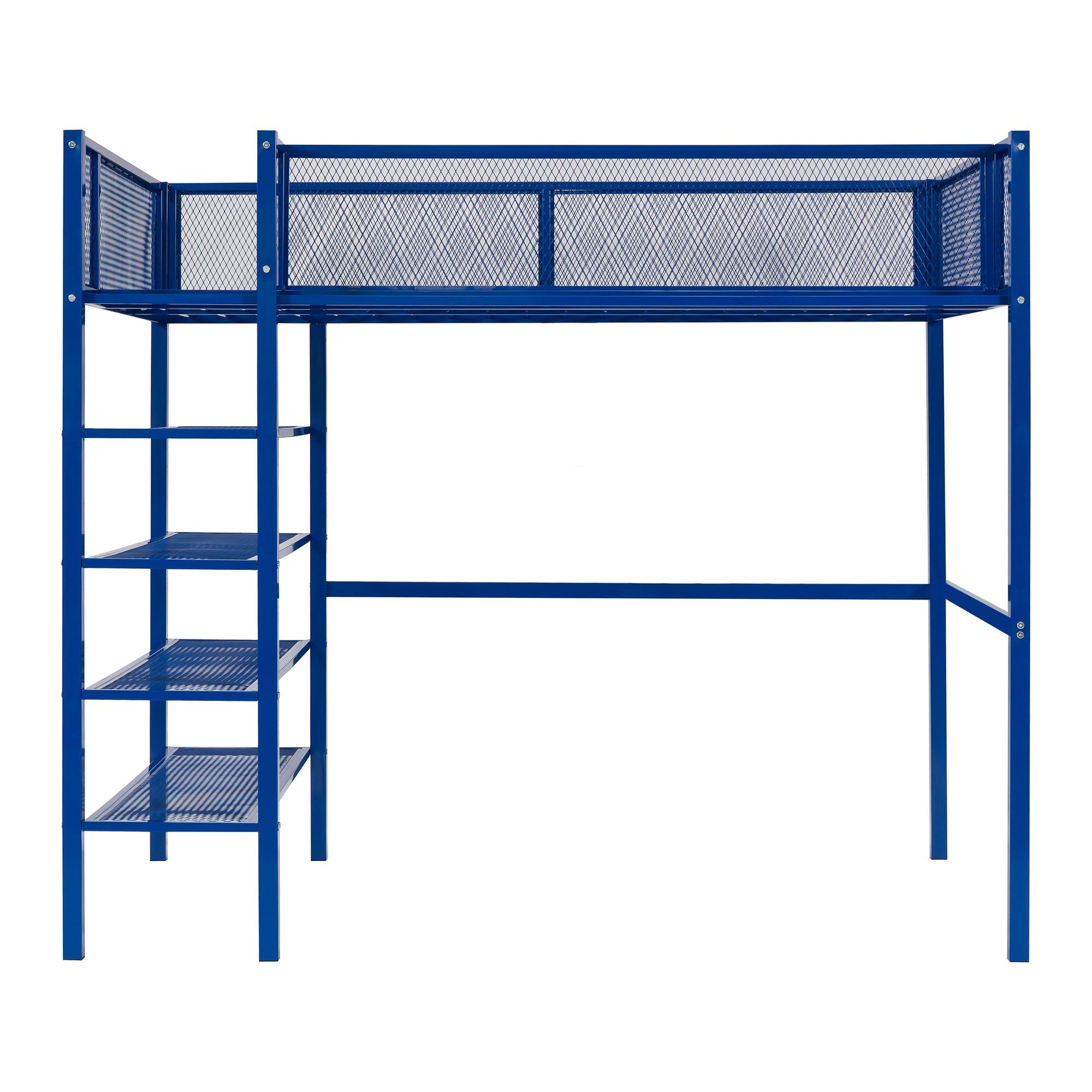 Royard Oaktree Twin Size Metal Loft Bed with 4-Tier Storage Shelves Sturdy Modern Metal Loft Bed Frame with Guardrail and Ladder, No Box Spring