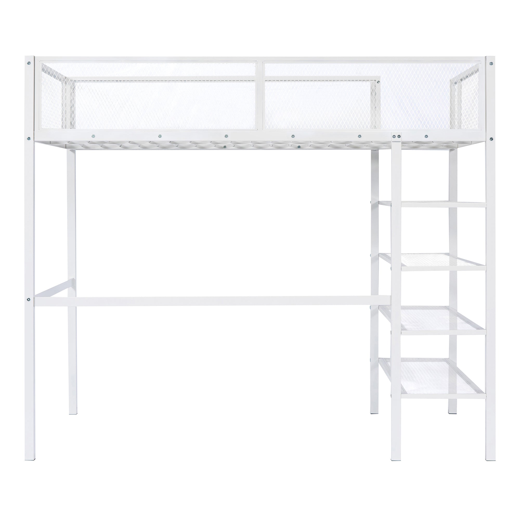 Royard Oaktree Twin Size Metal Loft Bed with 4-Tier Storage Shelves Sturdy Modern Metal Loft Bed Frame with Guardrail and Ladder, No Box Spring