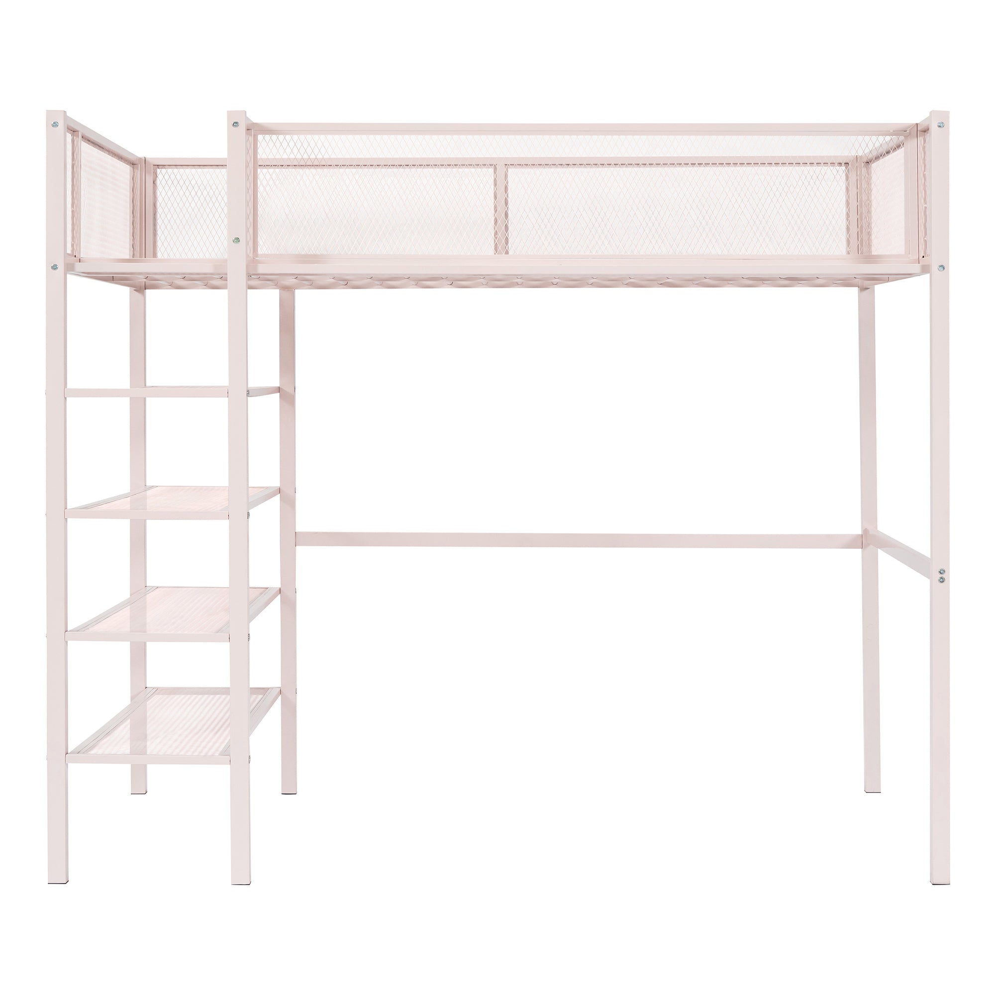 Royard Oaktree Twin Size Metal Loft Bed with 4-Tier Storage Shelves Sturdy Modern Metal Loft Bed Frame with Guardrail and Ladder, No Box Spring