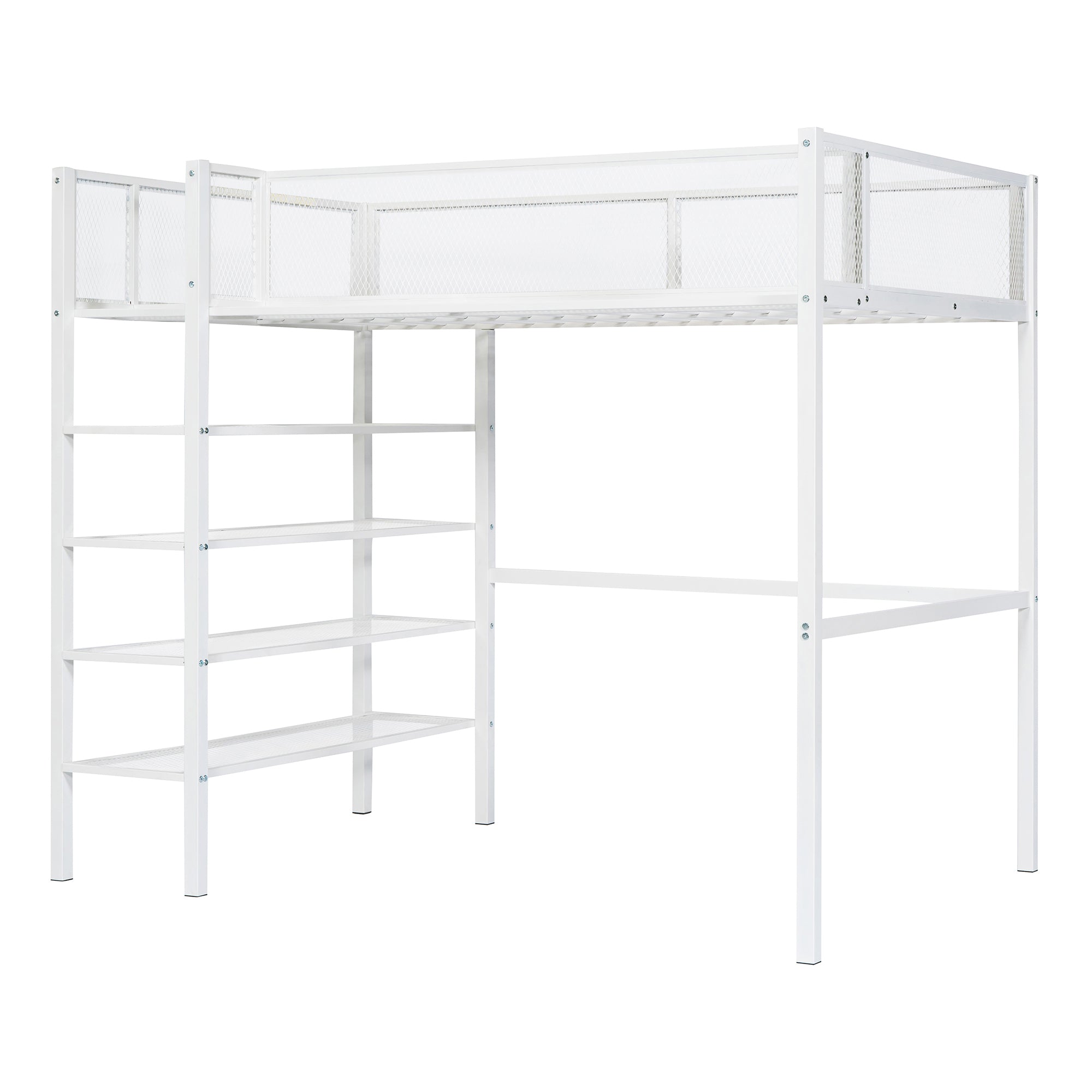 Royard Oaktree Twin Size Metal Loft Bed with 4-Tier Storage Shelves Sturdy Modern Metal Loft Bed Frame with Guardrail and Ladder, No Box Spring