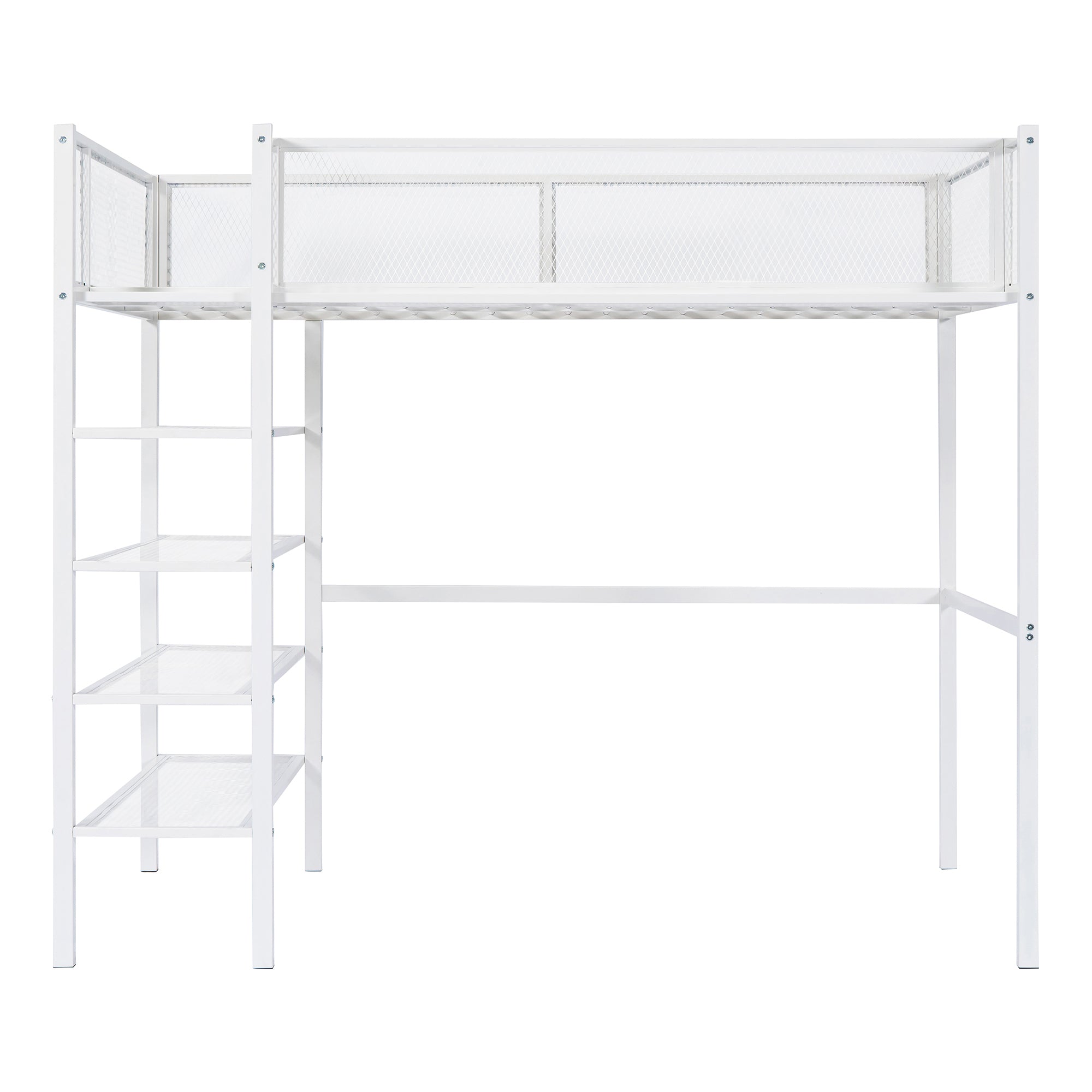 Royard Oaktree Twin Size Metal Loft Bed with 4-Tier Storage Shelves Sturdy Modern Metal Loft Bed Frame with Guardrail and Ladder, No Box Spring