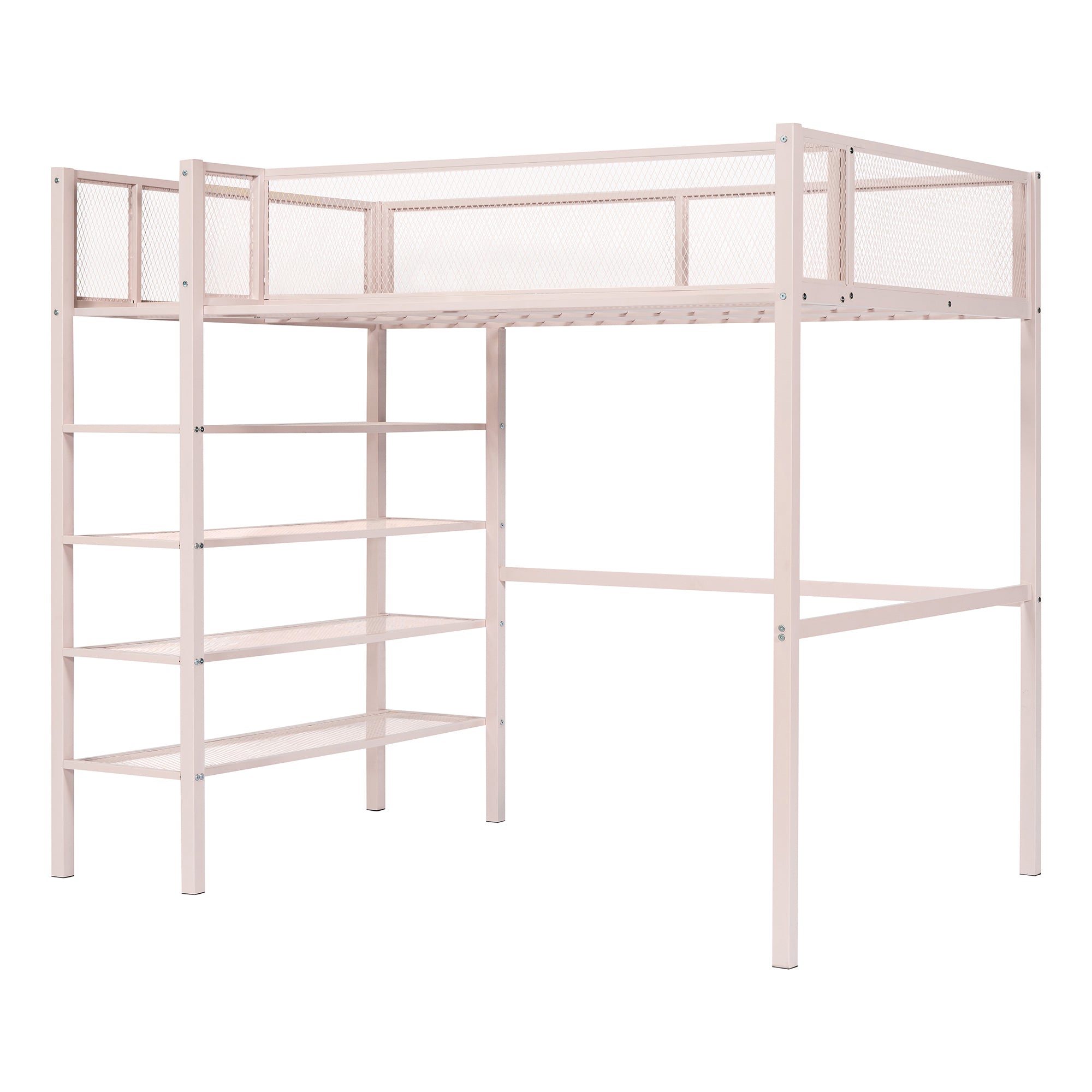 Royard Oaktree Twin Size Metal Loft Bed with 4-Tier Storage Shelves Sturdy Modern Metal Loft Bed Frame with Guardrail and Ladder, No Box Spring