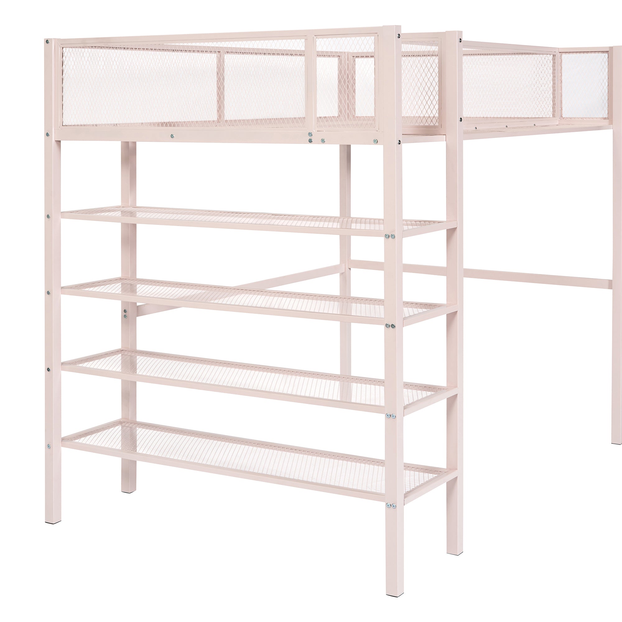 Royard Oaktree Twin Size Metal Loft Bed with 4-Tier Storage Shelves Sturdy Modern Metal Loft Bed Frame with Guardrail and Ladder, No Box Spring