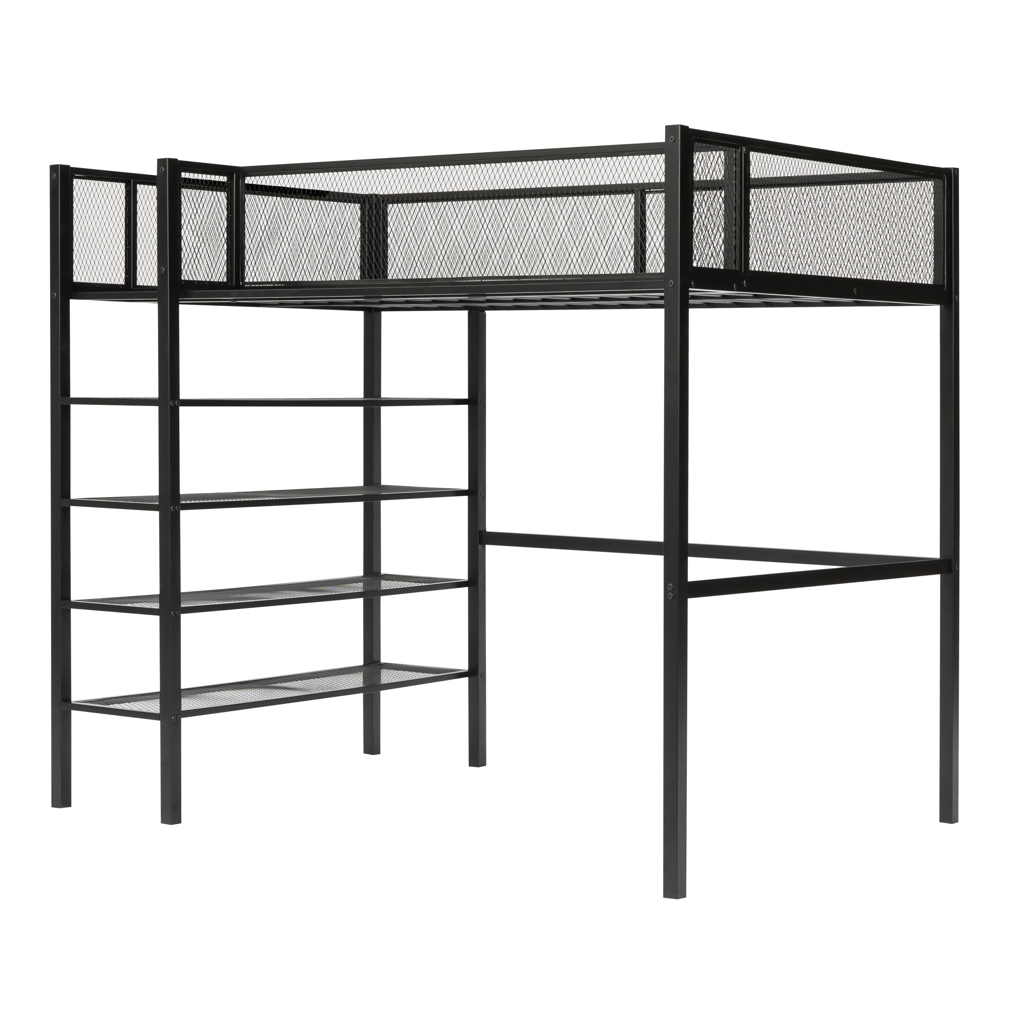 Royard Oaktree Twin Size Metal Loft Bed with 4-Tier Storage Shelves Sturdy Modern Metal Loft Bed Frame with Guardrail and Ladder, No Box Spring