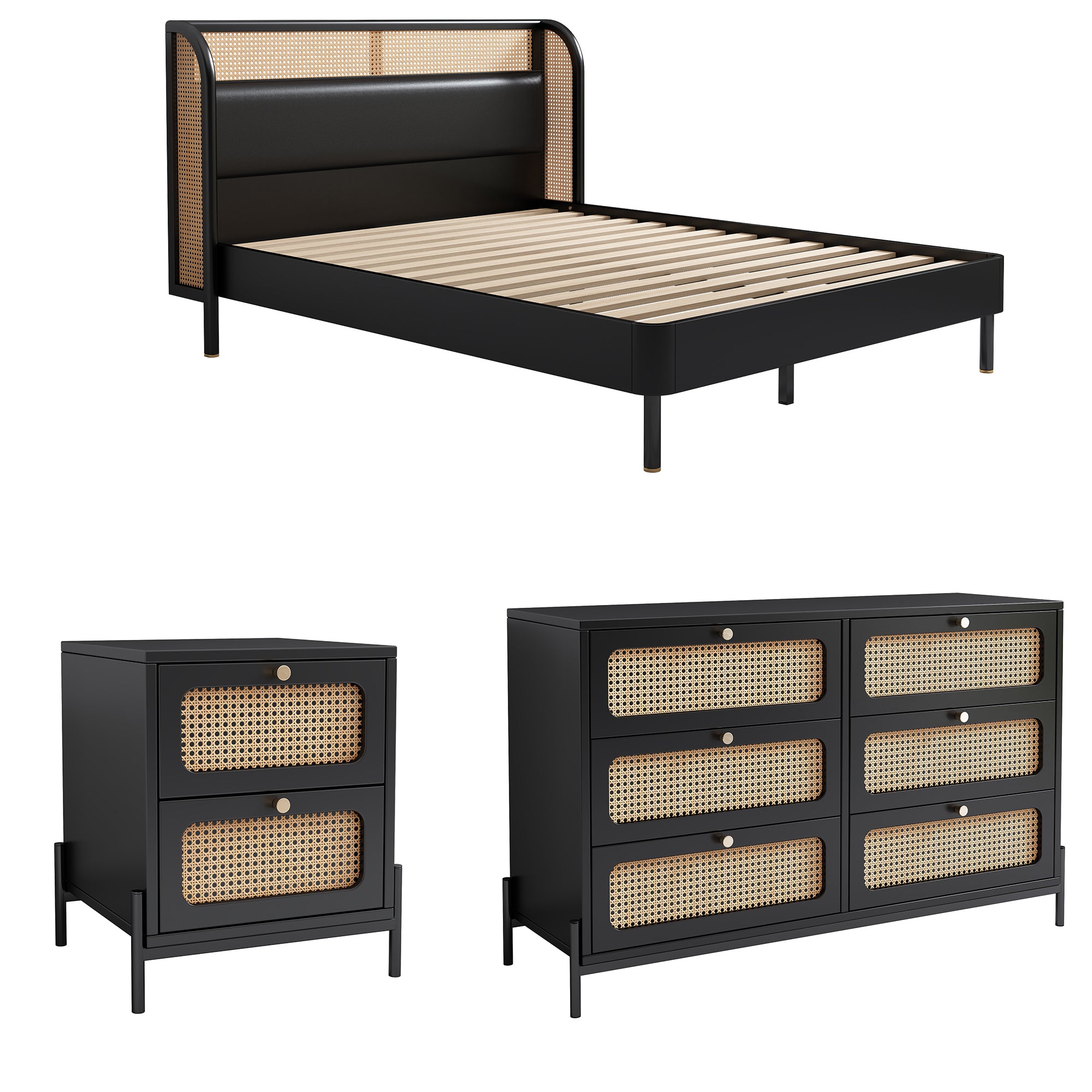 Royard Oaktree Multiple Pieces Bedroom Set Queen Size Platform Bed with Rattan and Leather Upholstered Headboard