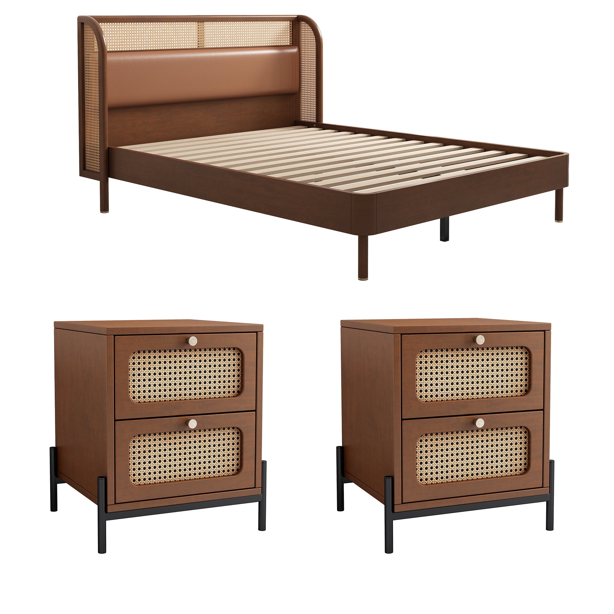 Royard Oaktree Multiple Pieces Bedroom Set Queen Size Platform Bed with Rattan and Leather Upholstered Headboard