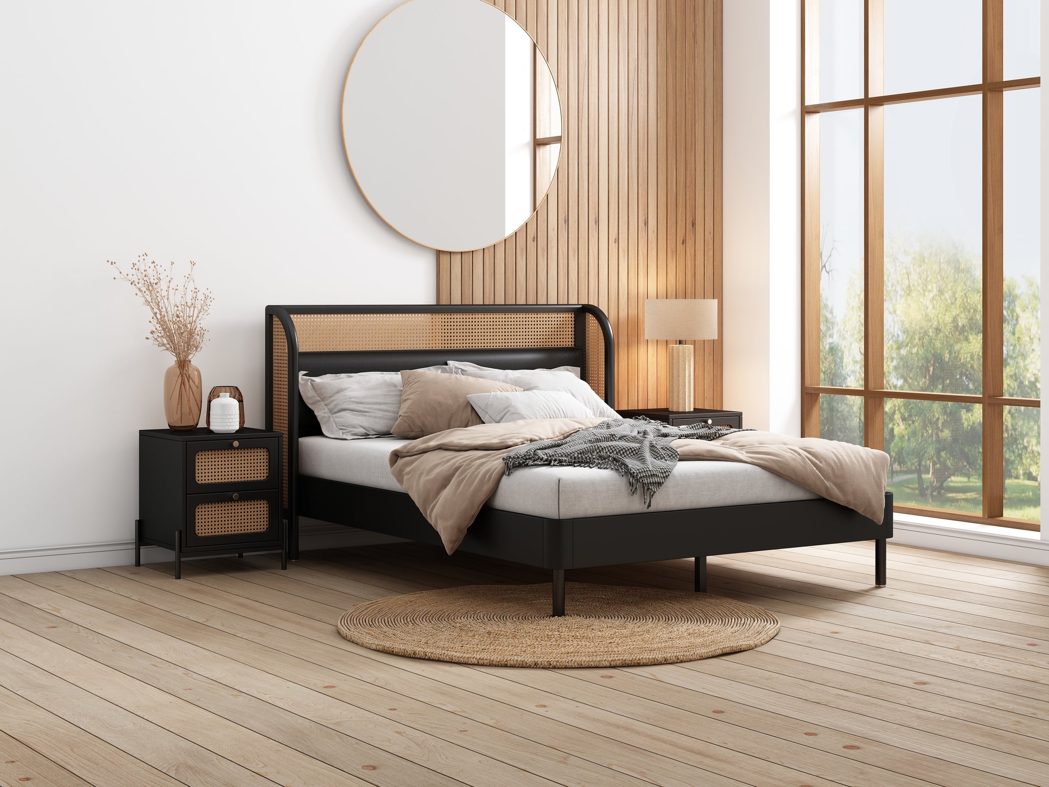 Royard Oaktree Multiple Pieces Bedroom Set Queen Size Platform Bed with Rattan and Leather Upholstered Headboard