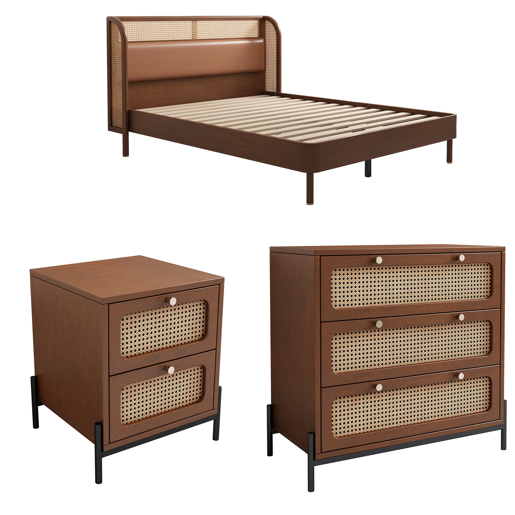 Royard Oaktree Multiple Pieces Bedroom Set Queen Size Platform Bed with Rattan and Leather Upholstered Headboard