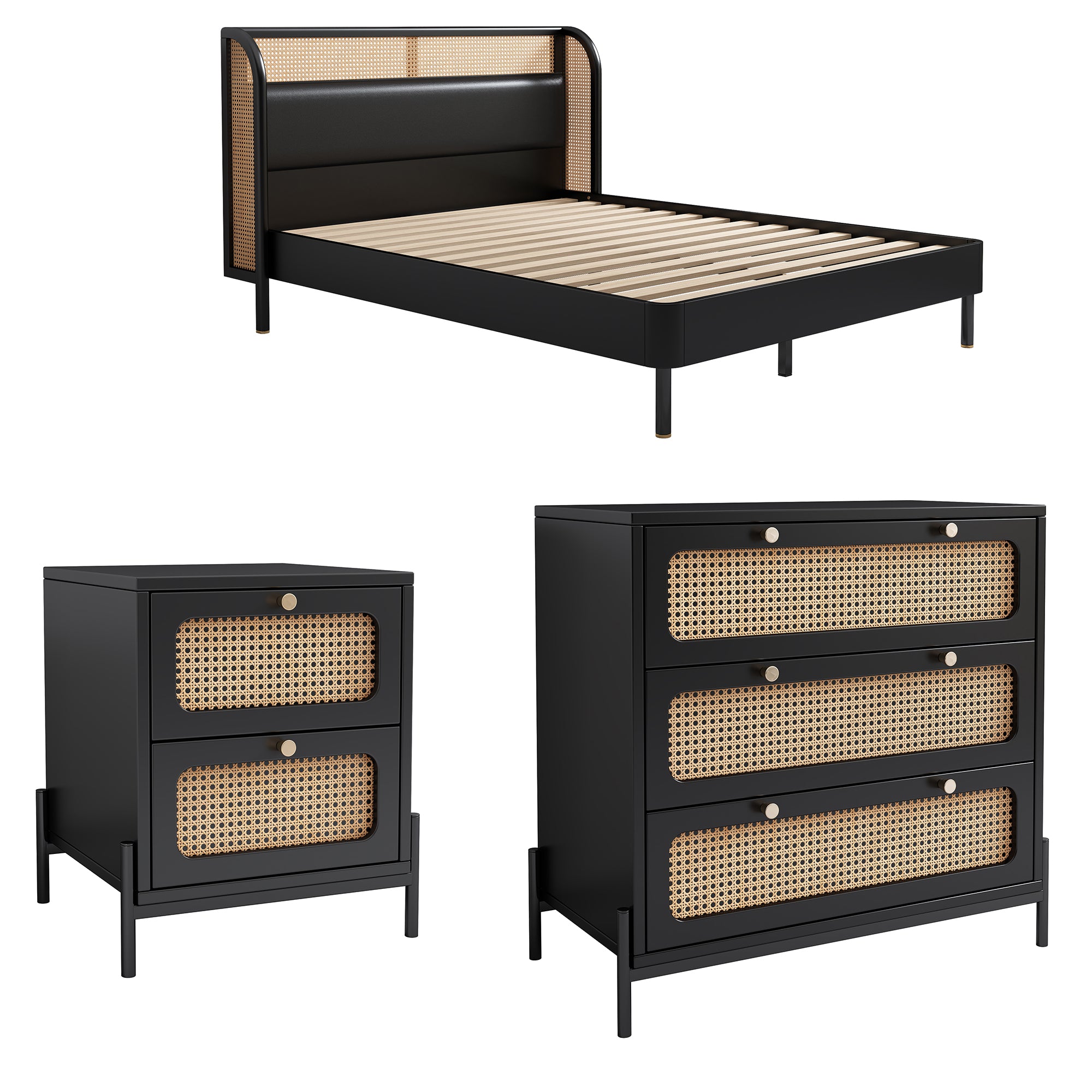 Royard Oaktree Multiple Pieces Bedroom Set Queen Size Platform Bed with Rattan and Leather Upholstered Headboard