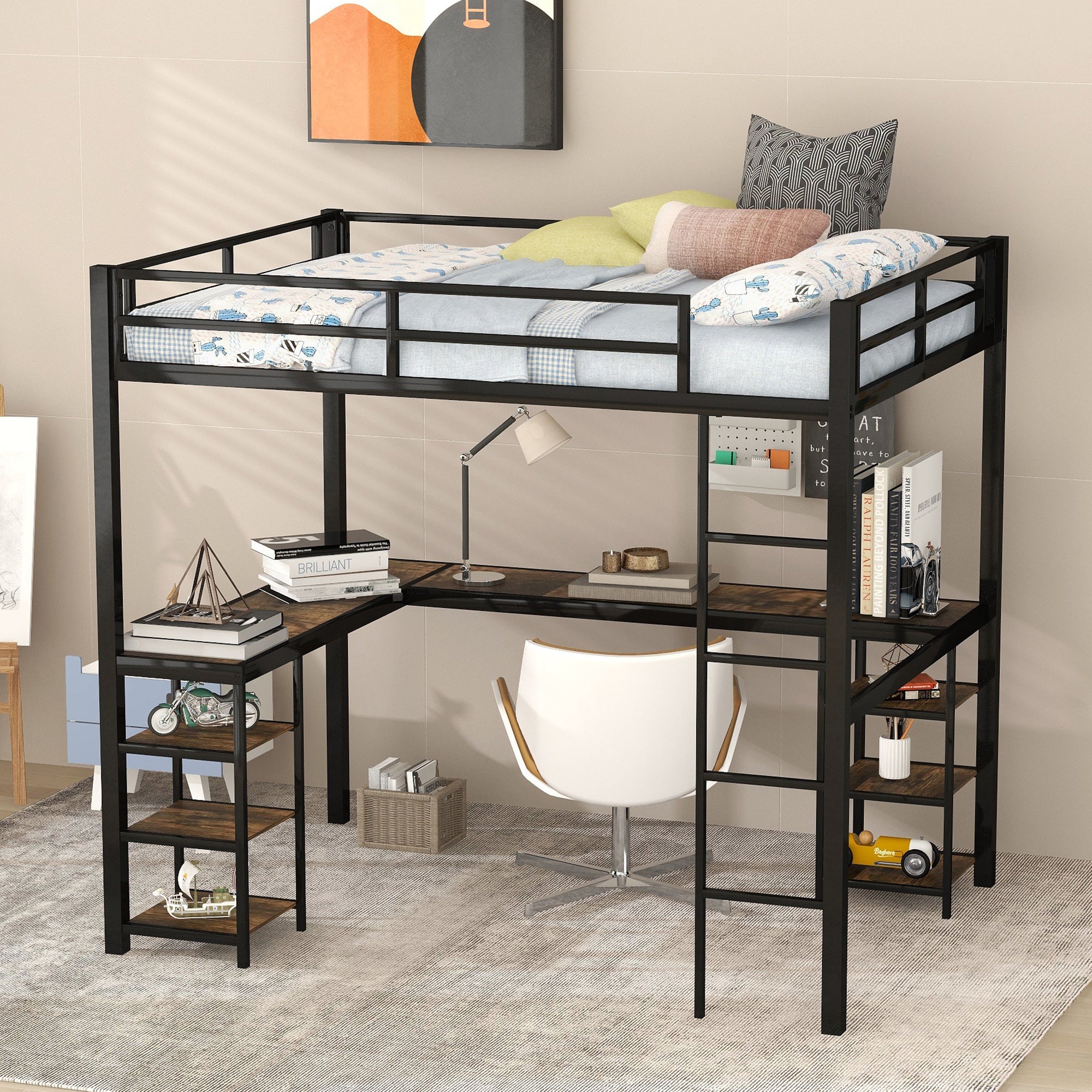 Royard Oaktree Full Size Loft Bed with L- Shape Desk and Shelves Metal Loft Bed with Ladder and Guardrails, Loft Bed Frame for Bedroom, Black