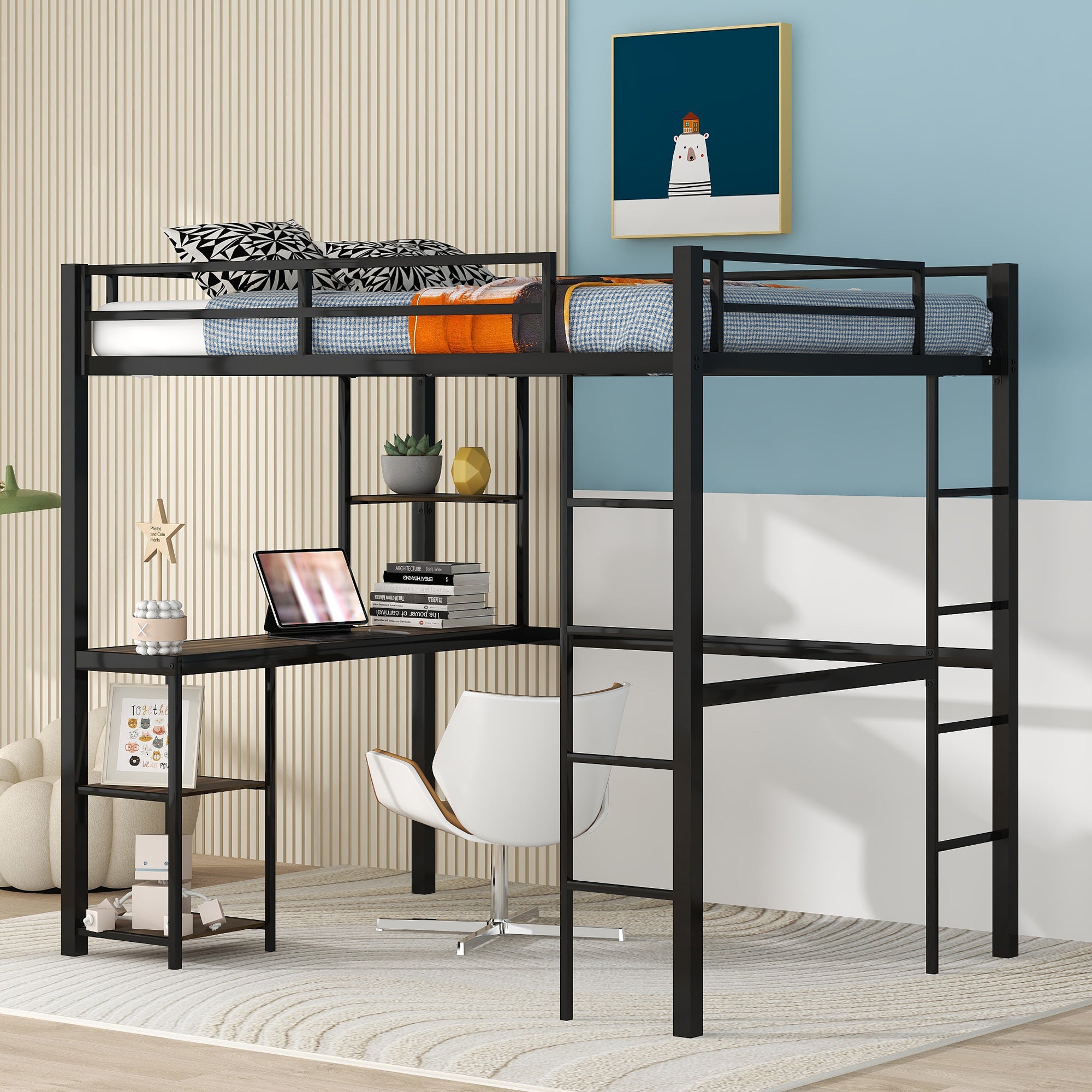 Royard Oaktree Full Metal Loft Bed with Desk and Shelves, Loft Bed with 2 Built-in Ladders and Guardrails, Loft Bed Frame for Bedroom