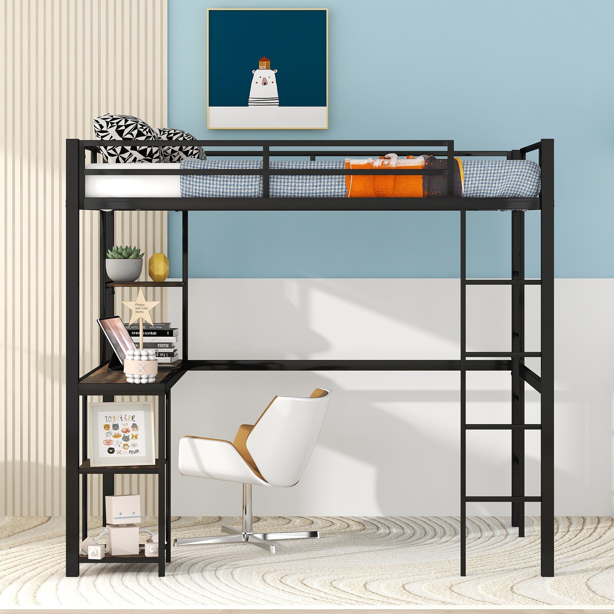 Royard Oaktree Full Metal Loft Bed with Desk and Shelves, Loft Bed with 2 Built-in Ladders and Guardrails, Loft Bed Frame for Bedroom