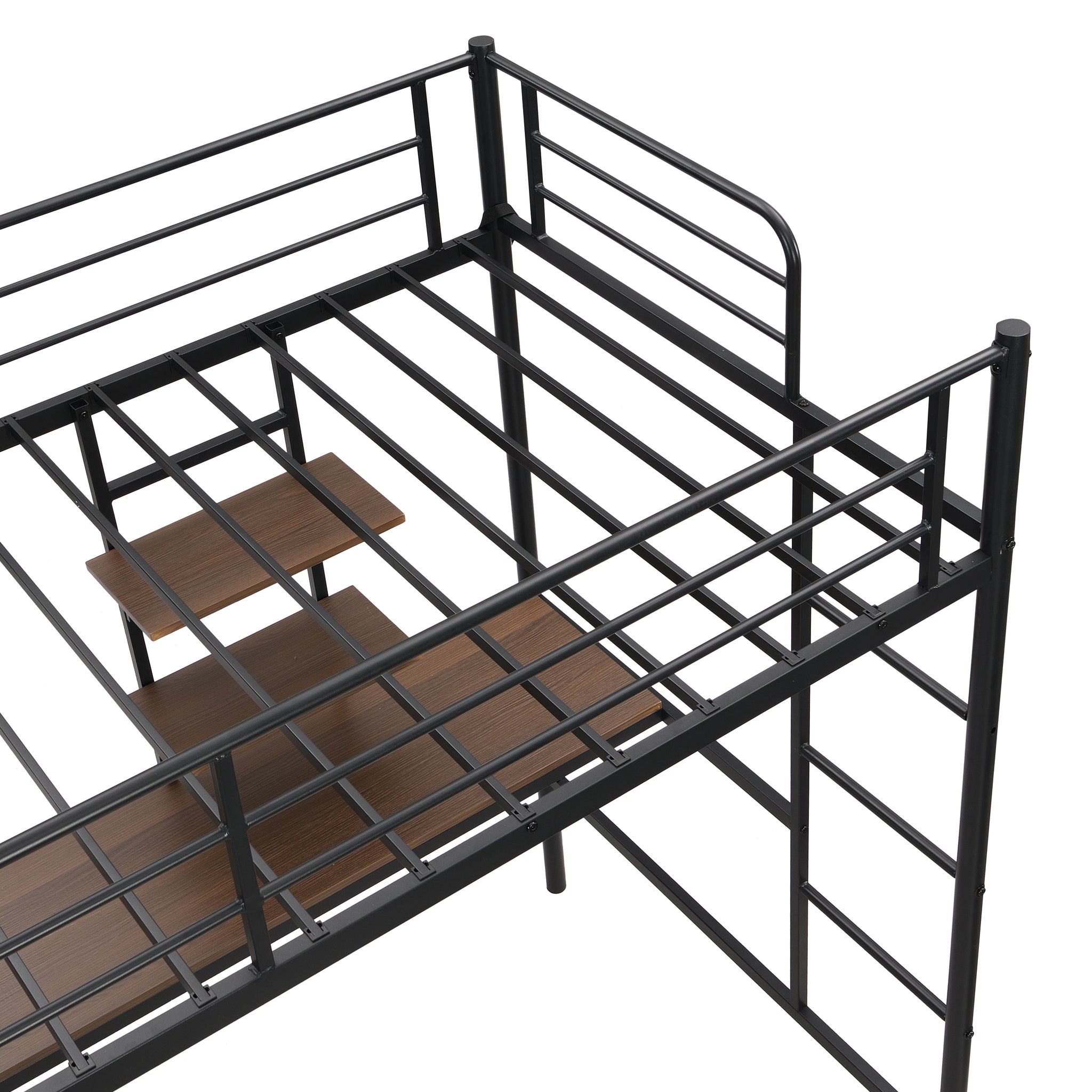 Royard Oaktree Metal Twin Size Loft Bed with Built-in Desk and Storage Shelves Modern Metal Loft Bed Frame with Guardrail and Ladders, Metal Slats, No Box Spring Needed