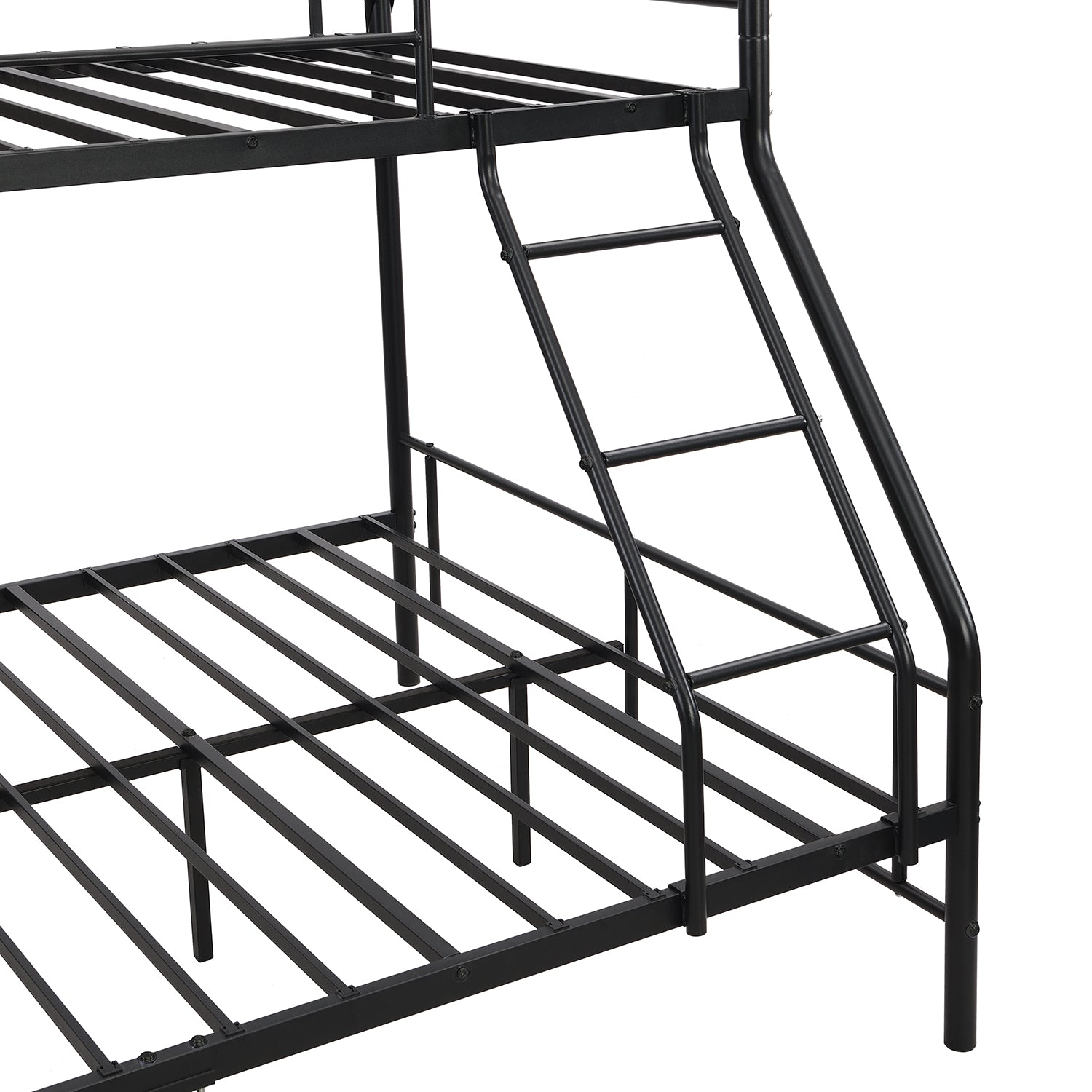 Royard Oaktree Twin-Over-Full Metal Bunk Bed Black Bunk Bed Frame with Guardrail and Ladder, Metal Slats, No Box Spring Needed