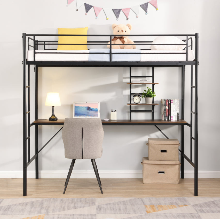 Royard Oaktree Metal Twin Size Loft Bed with Built-in Desk and Storage Shelves Modern Metal Loft Bed Frame with Guardrail and Ladders, Metal Slats, No Box Spring Needed