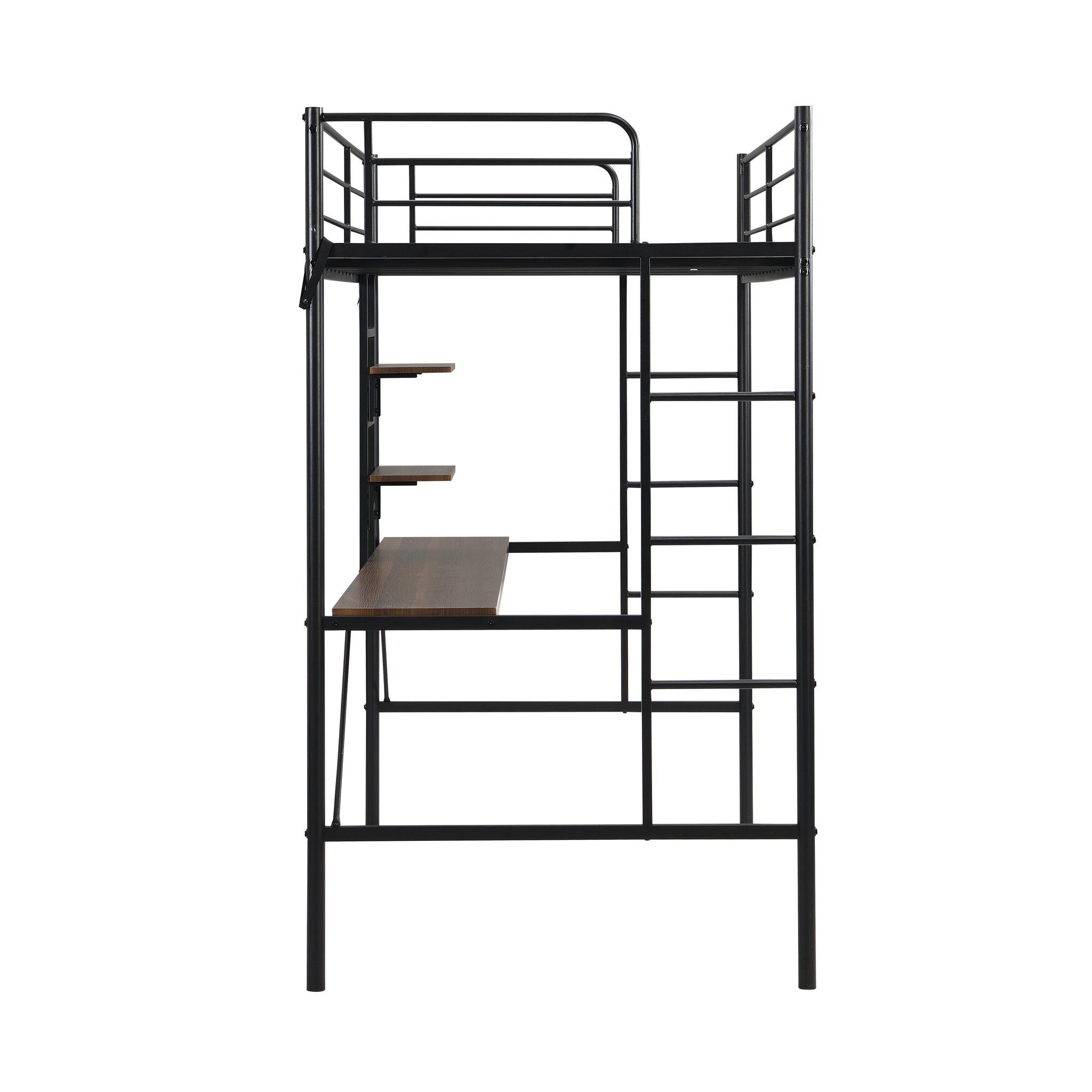 Royard Oaktree Metal Twin Size Loft Bed with Built-in Desk and Storage Shelves Modern Metal Loft Bed Frame with Guardrail and Ladders, Metal Slats, No Box Spring Needed