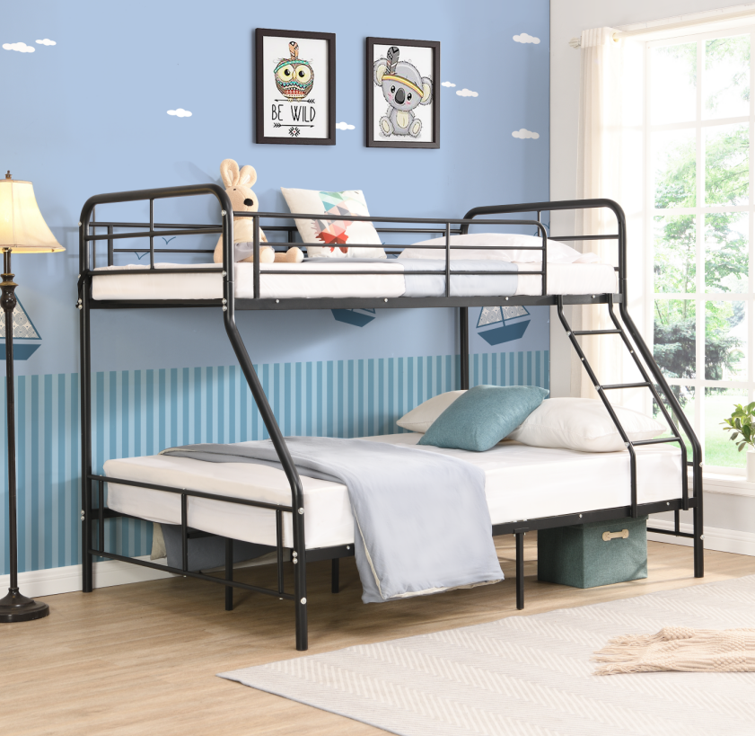 Royard Oaktree Twin-Over-Full Metal Bunk Bed Black Bunk Bed Frame with Guardrail and Ladder, Metal Slats, No Box Spring Needed