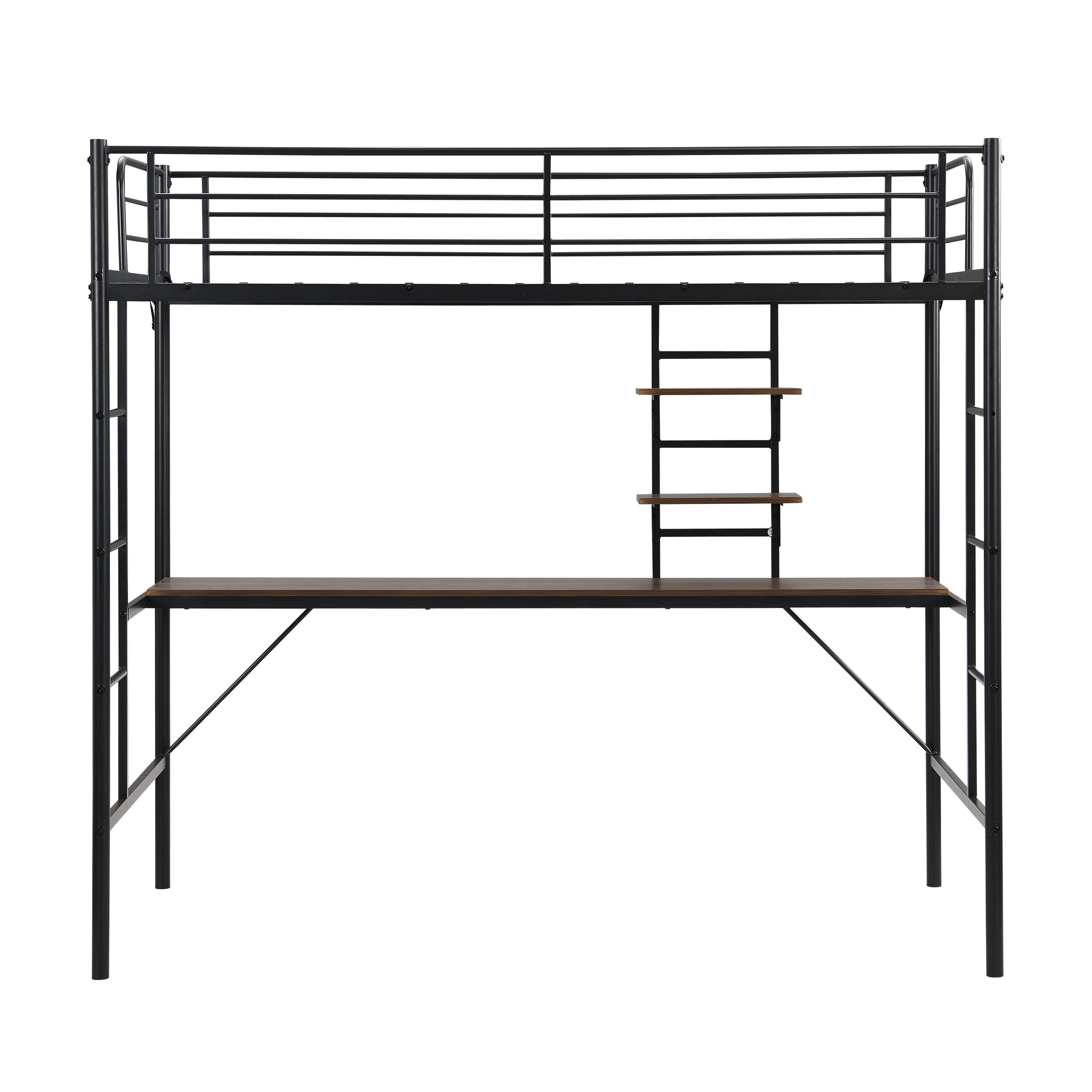 Royard Oaktree Metal Twin Size Loft Bed with Built-in Desk and Storage Shelves Modern Metal Loft Bed Frame with Guardrail and Ladders, Metal Slats, No Box Spring Needed