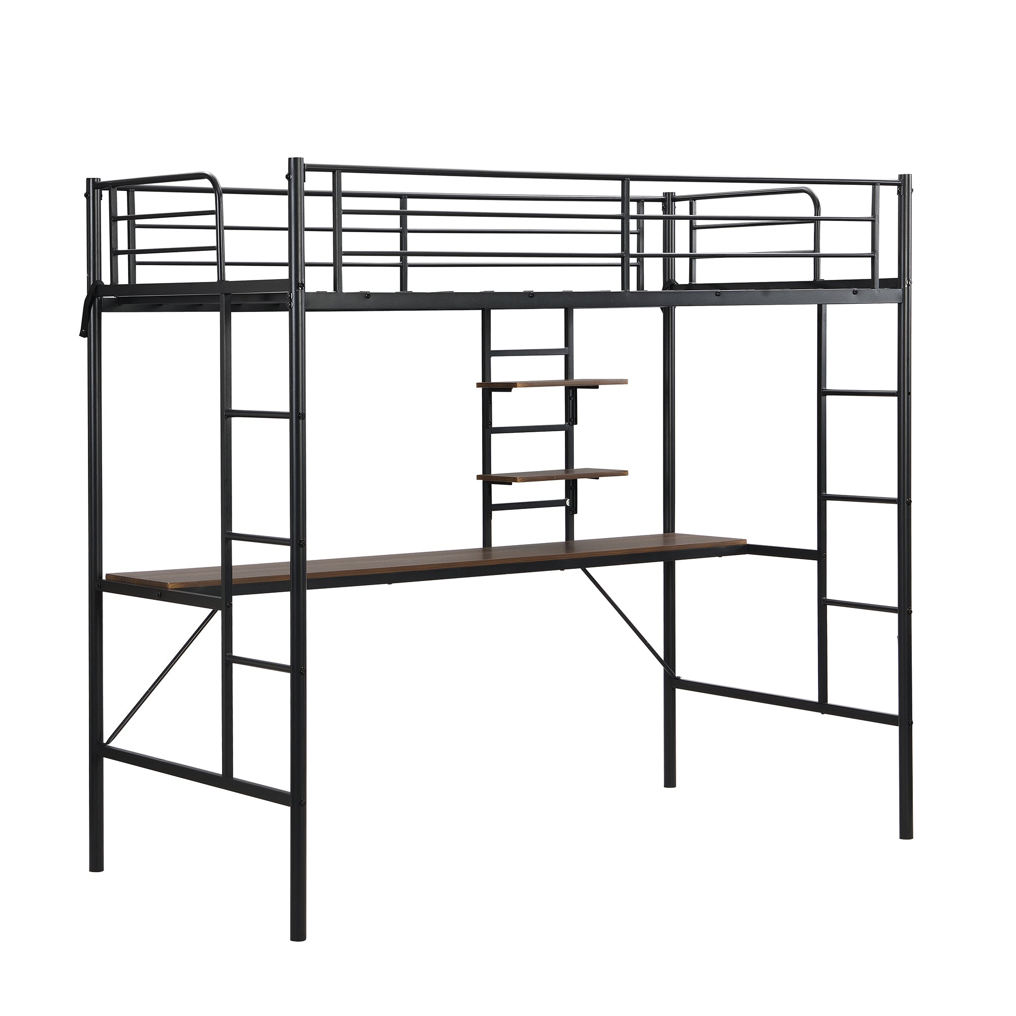 Royard Oaktree Metal Twin Size Loft Bed with Built-in Desk and Storage Shelves Modern Metal Loft Bed Frame with Guardrail and Ladders, Metal Slats, No Box Spring Needed