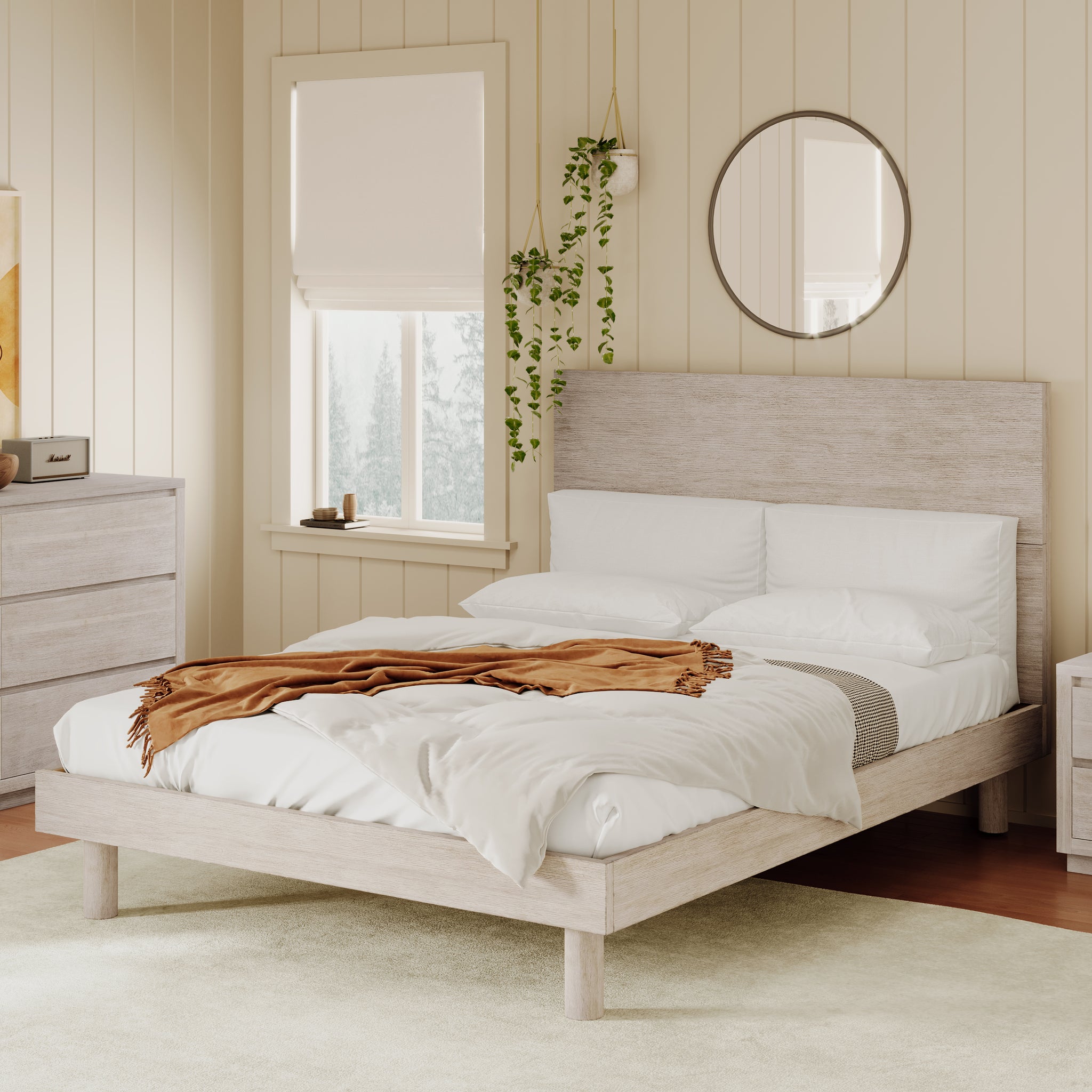 Royard Oaktree Platform Bed Frame with Headboard Modern Concise Style Solid Wood Bed Frame with Slats, No Box Spring Needed, Stone Gray