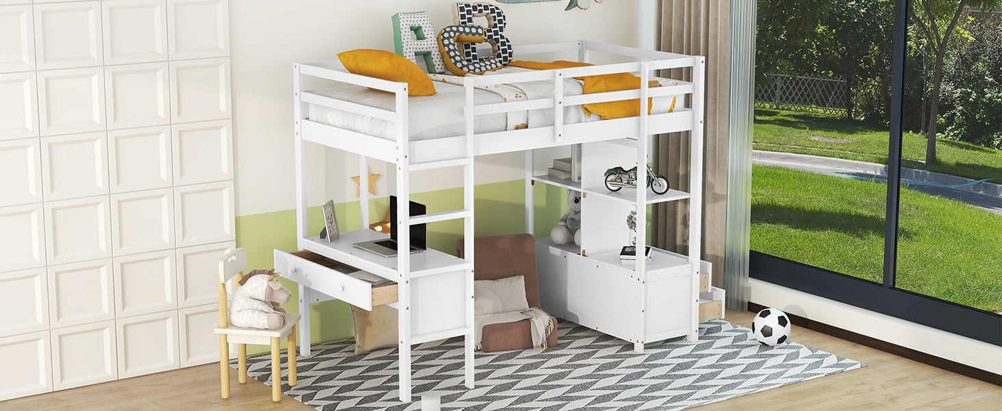 Royard Oaktree Loft Bed with Built-in Desk and Storage Shelves with Drawers Wood Loft Bed Frame with Ladder and Guardrails